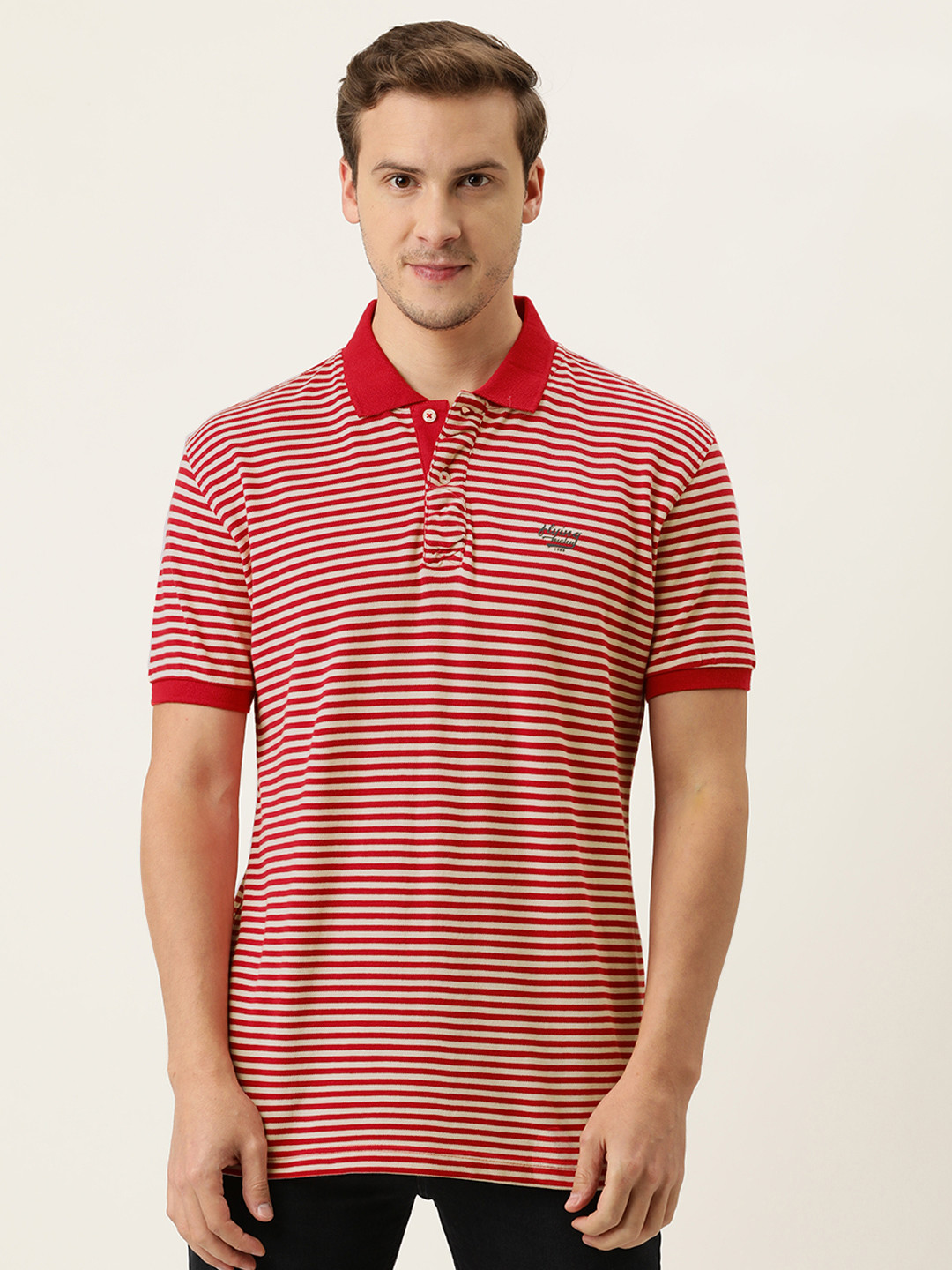 

Flying Machine Men Red & Off White Striped Polo Collar T-shirt