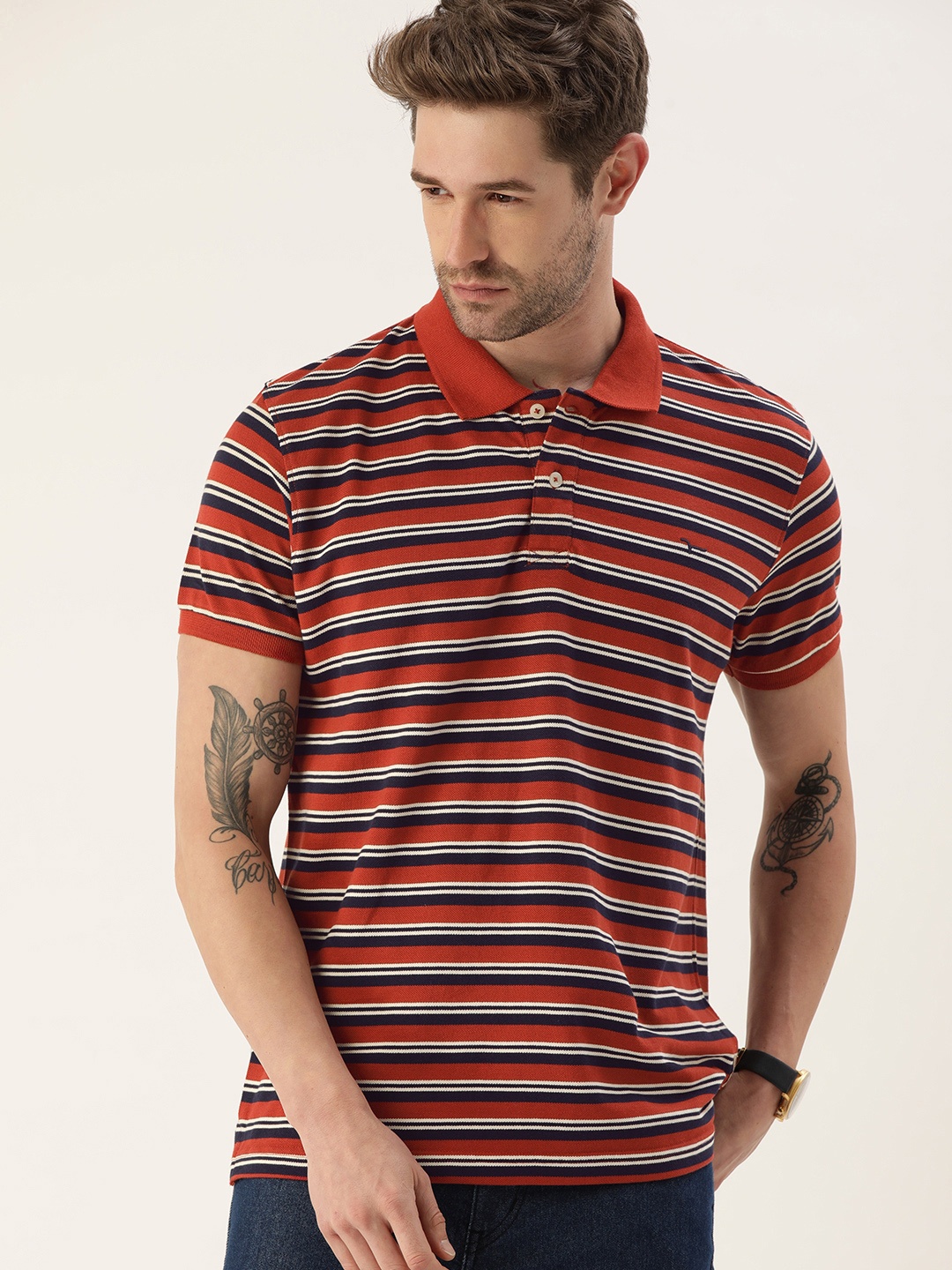 

Flying Machine Men Red White Striped Polo Collar Cotton Pure Cotton T-shirt