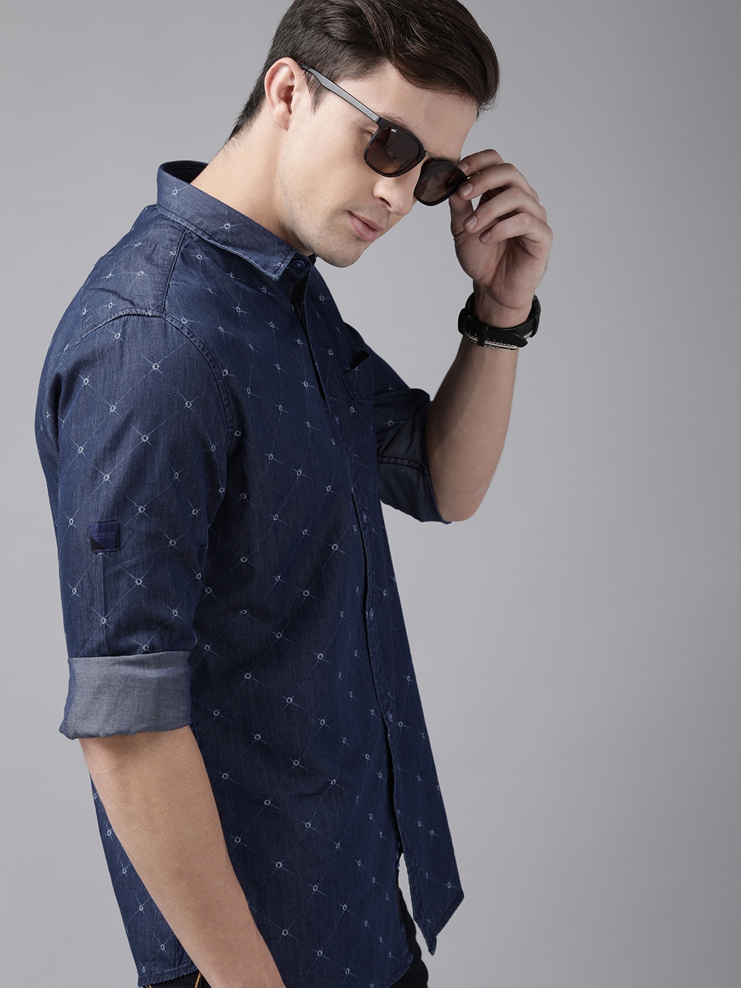 

VAN HEUSEN DENIM LABS Men Navy Blue Slim Fit Printed Casual Shirt