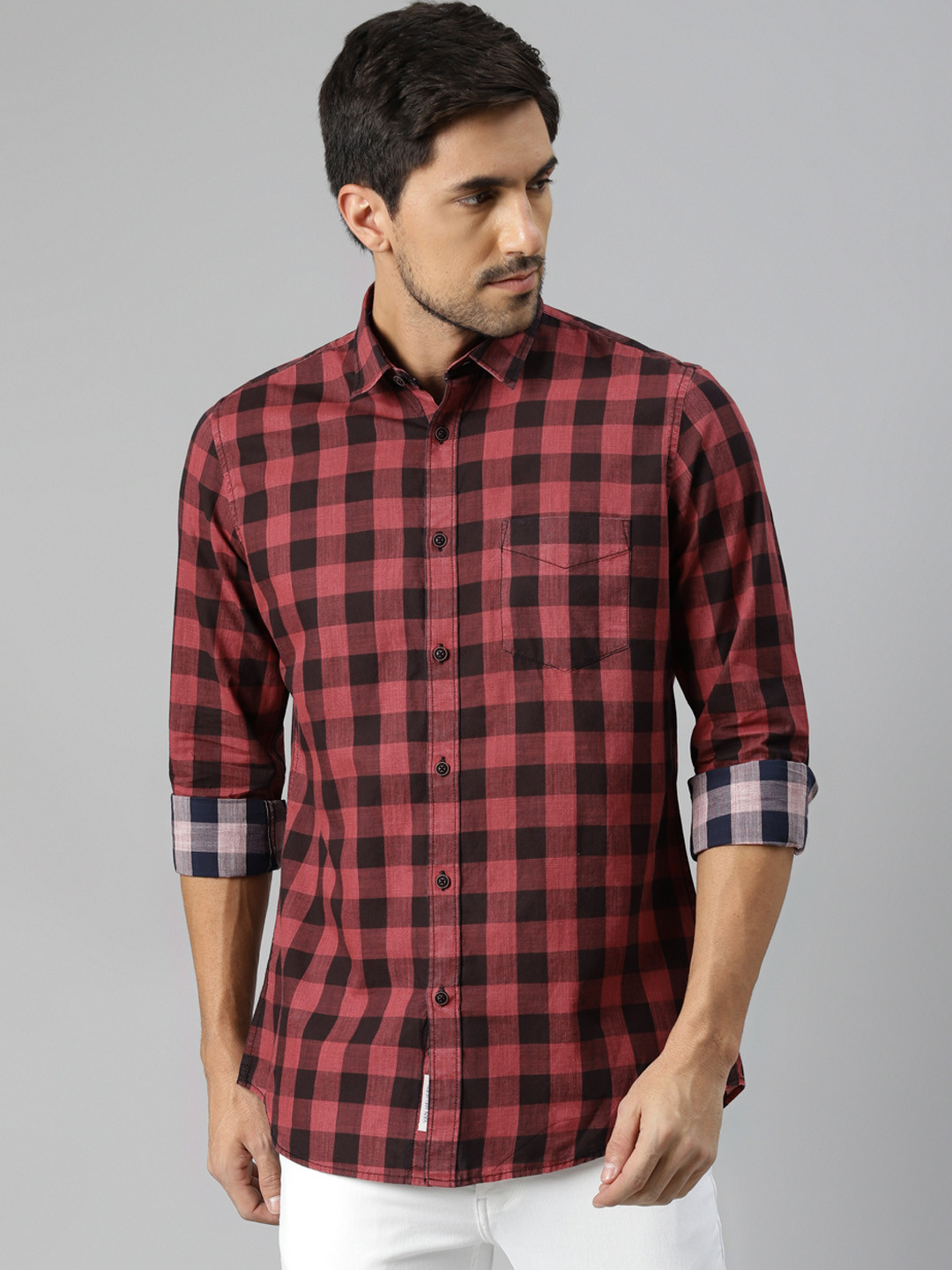 

VAN HEUSEN DENIM LABS Men Maroon Slim Fit Buffalo Checks Pure Cotton Casual Shirt