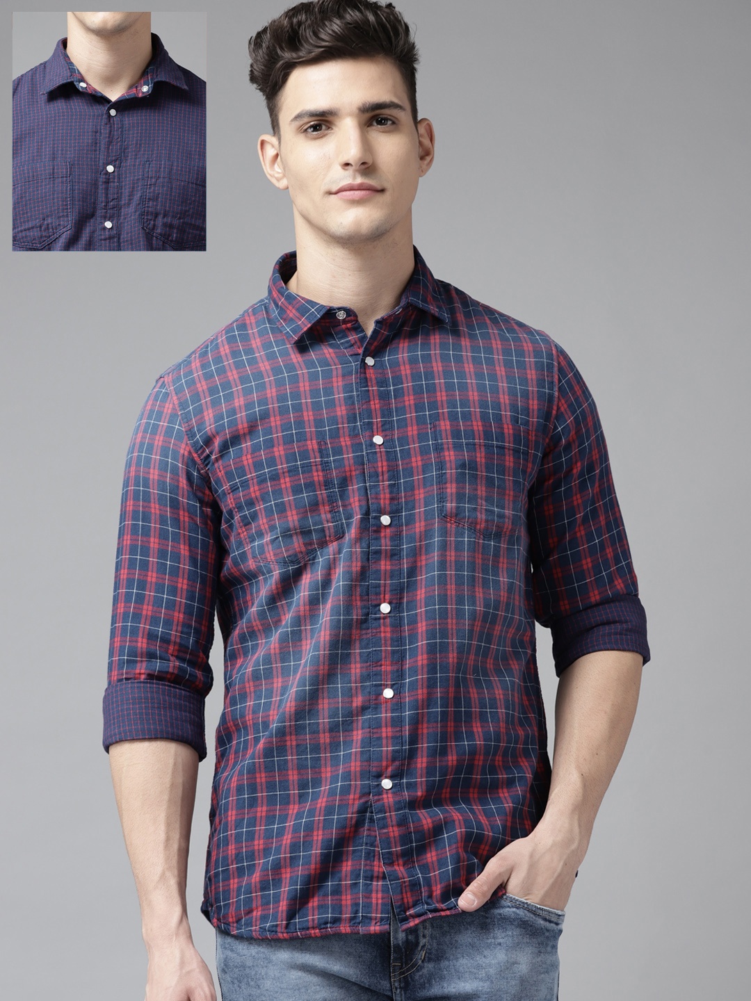 

VAN HEUSEN DENIM LABS Men Navy Blue & Red Slim Fit Tartan Checked Reversible Shirt