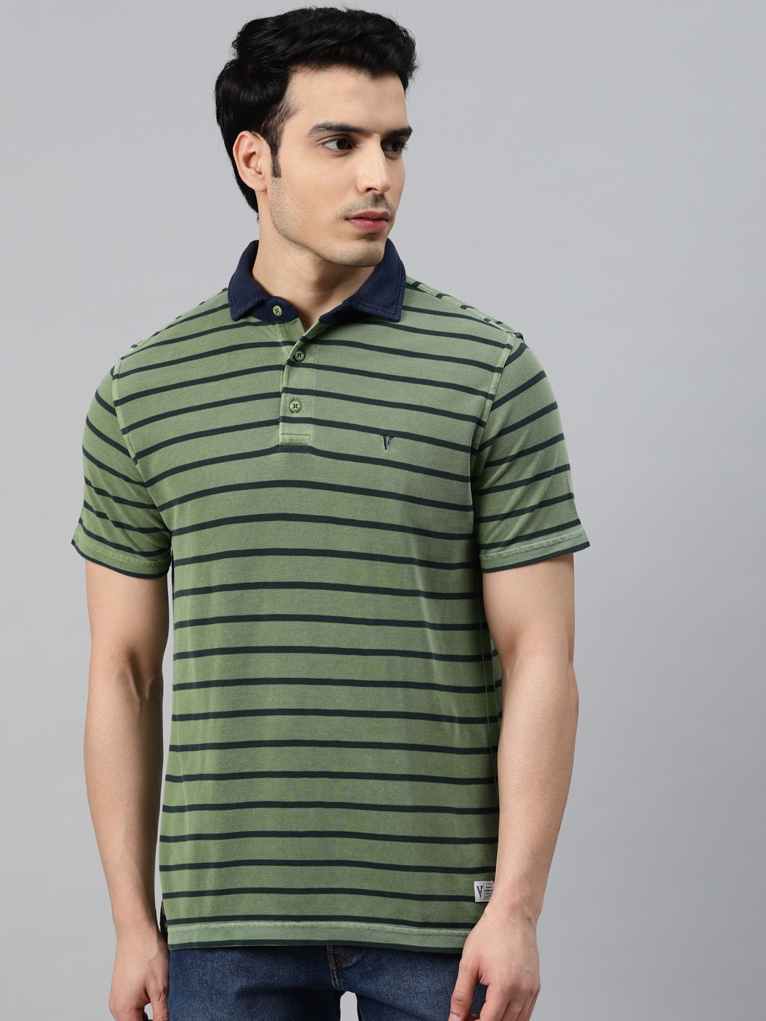

VAN HEUSEN DENIM LABS Men Olive Green Striped Polo Collar T-shirt