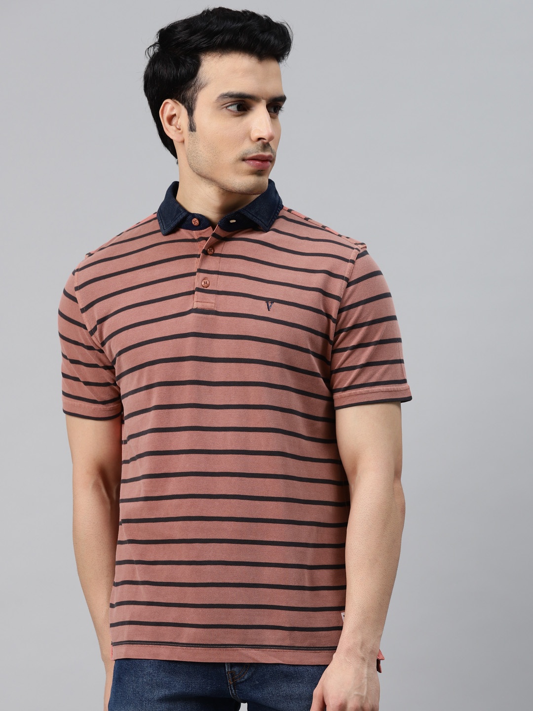 

VAN HEUSEN DENIM LABS Men Brown & Navy Blue Pure Cotton Striped Polo Collar T-shirt