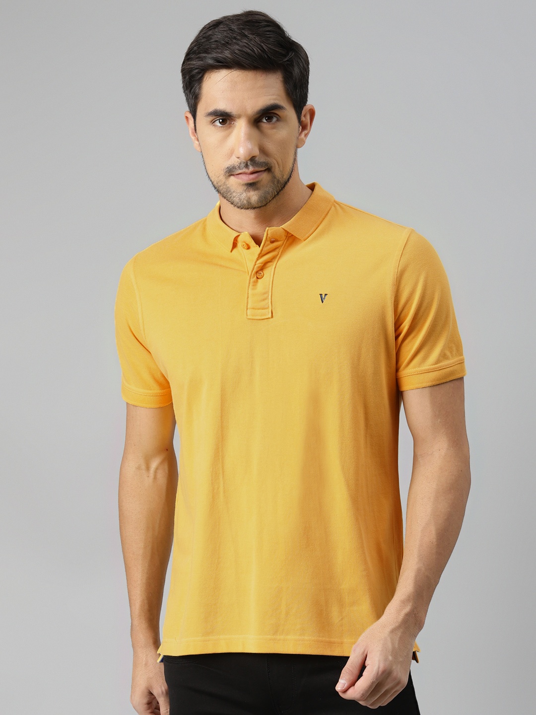 

VAN HEUSEN DENIM LABS Men Mustard Yellow Pure Cotton Solid Polo Collar T-shirt