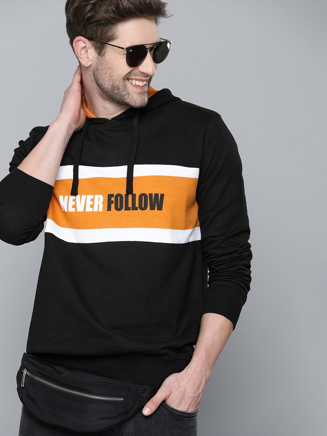 

HERE&NOW Men Black & White Printed Hooded Sweatshirt