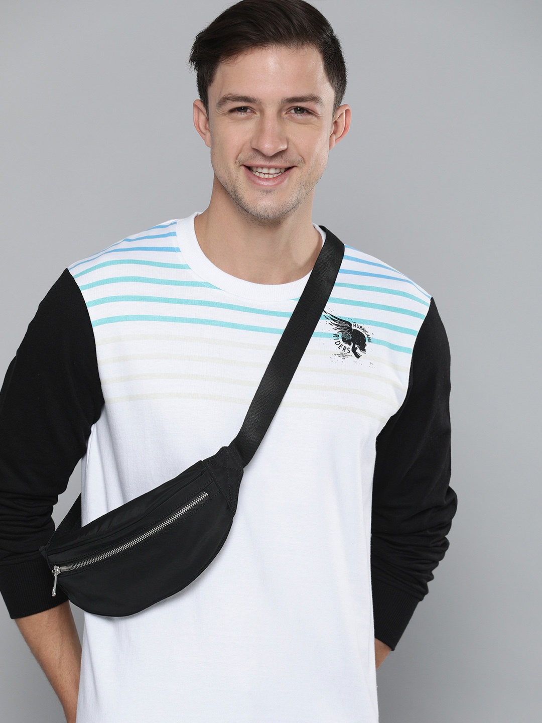 

HERE&NOW Men White Striped Contrast Sleeves Sweatshirt