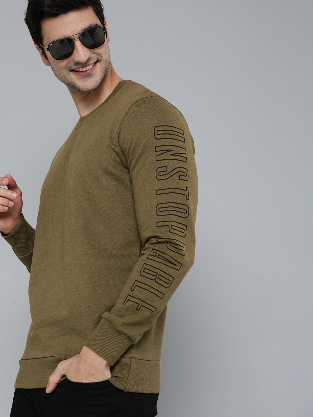 

HERE&NOW Men Olive Green Sweatshirt With Printed Detailing