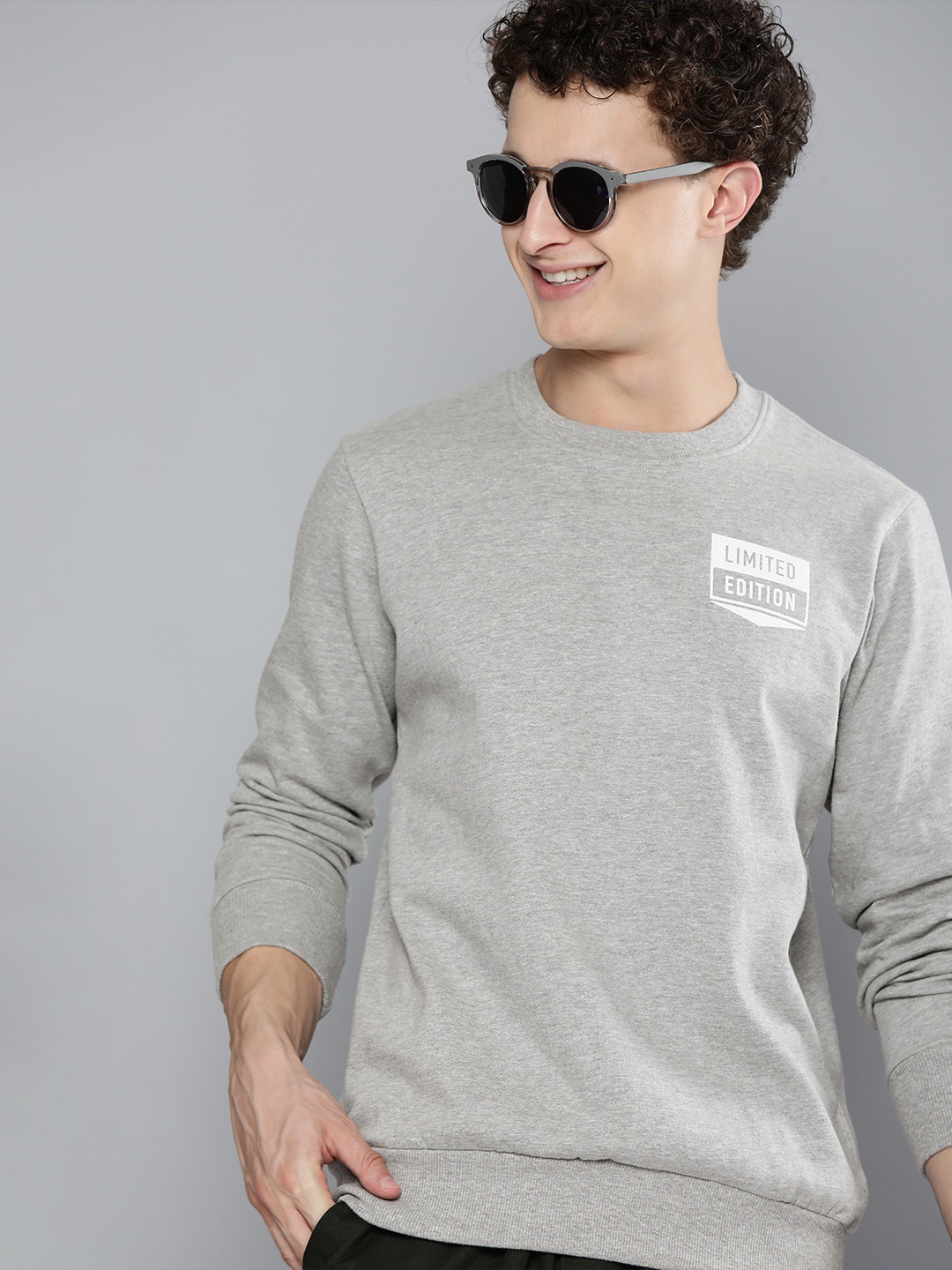 

HERE&NOW Men Grey Melange Solid Sweatshirt