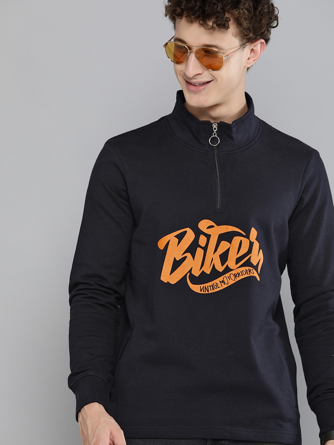 

HERE&NOW Men Navy Blue Printed Front-Open Sweatshirt