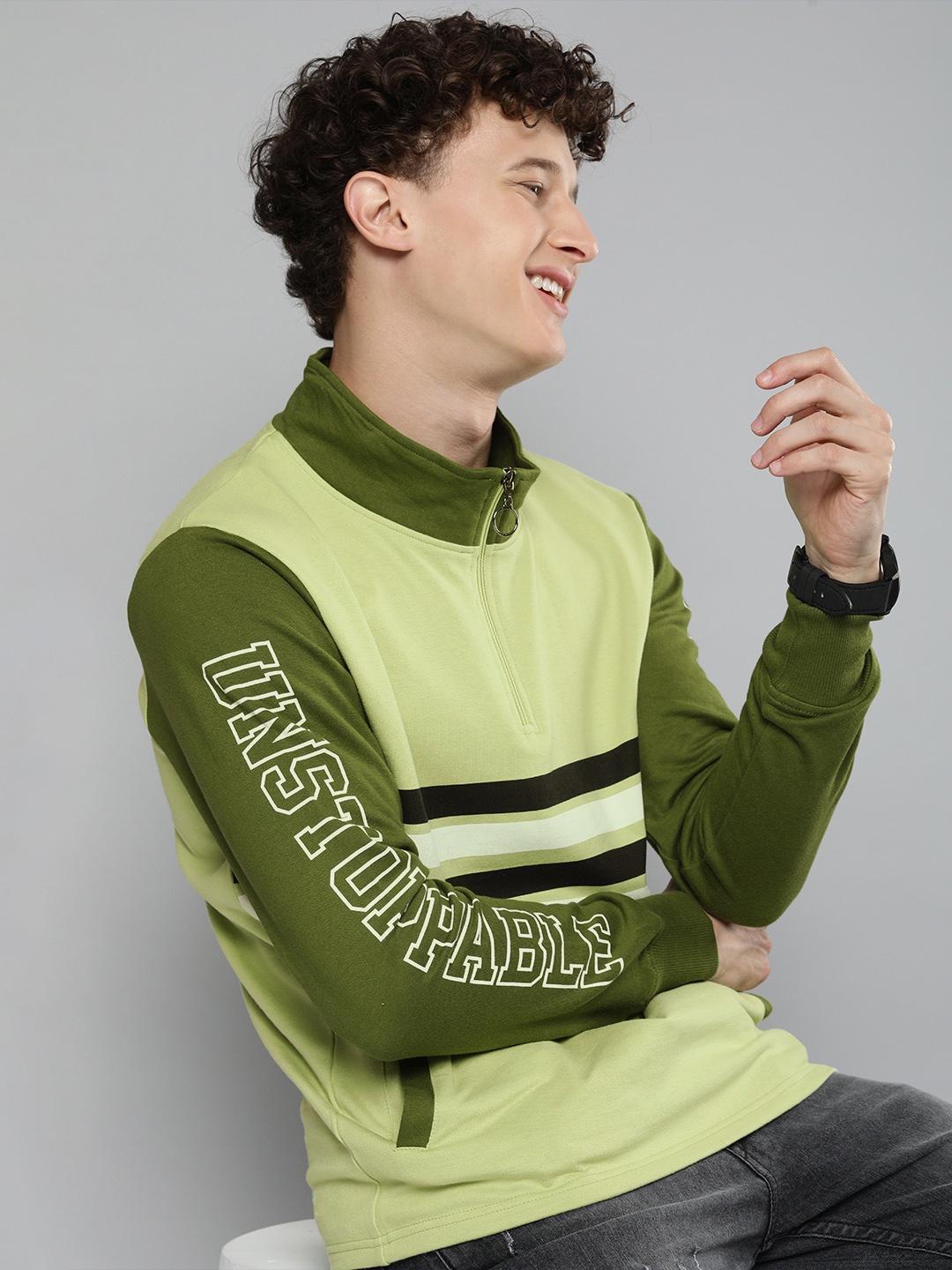 

HERE&NOW Men Green & White Striped Printed Sleeves Pullover Sweatshirt