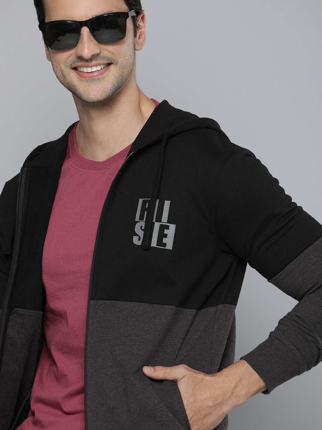 

HERE&NOW Men Black and Charcoal Grey Hooded Sweatshirt