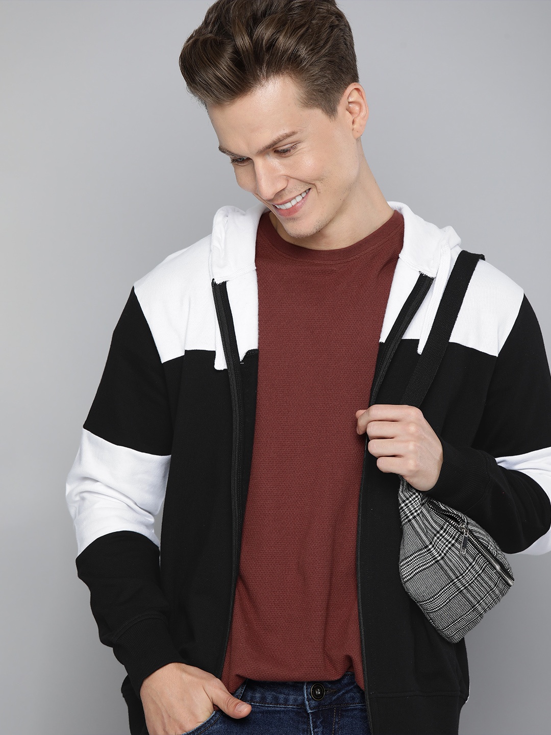 

HERE&NOW Men Black & White Colourblocked Hooded Sweatshirt