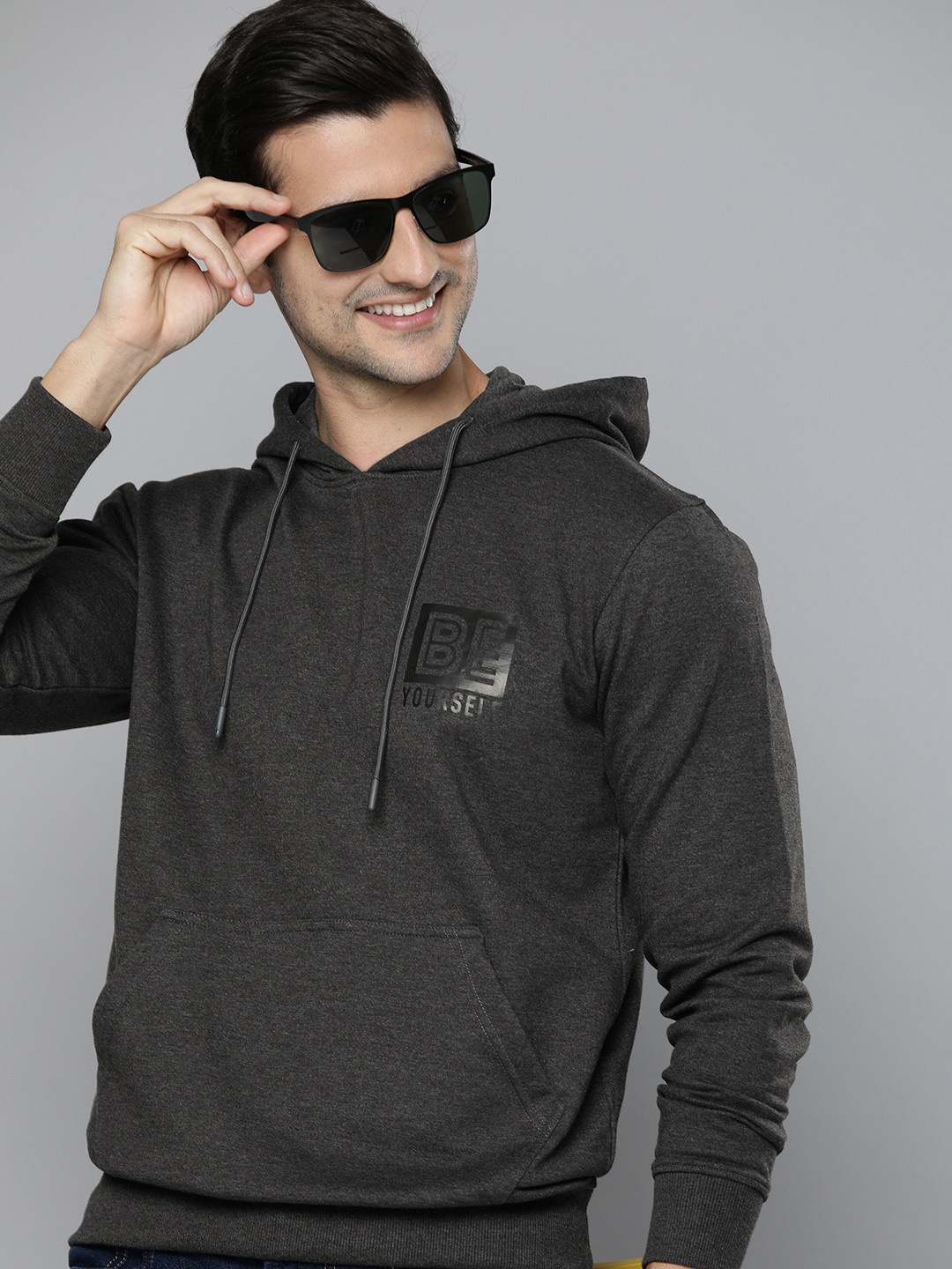 

HERE&NOW Men Charcoal Grey Hooded Sweatshirt