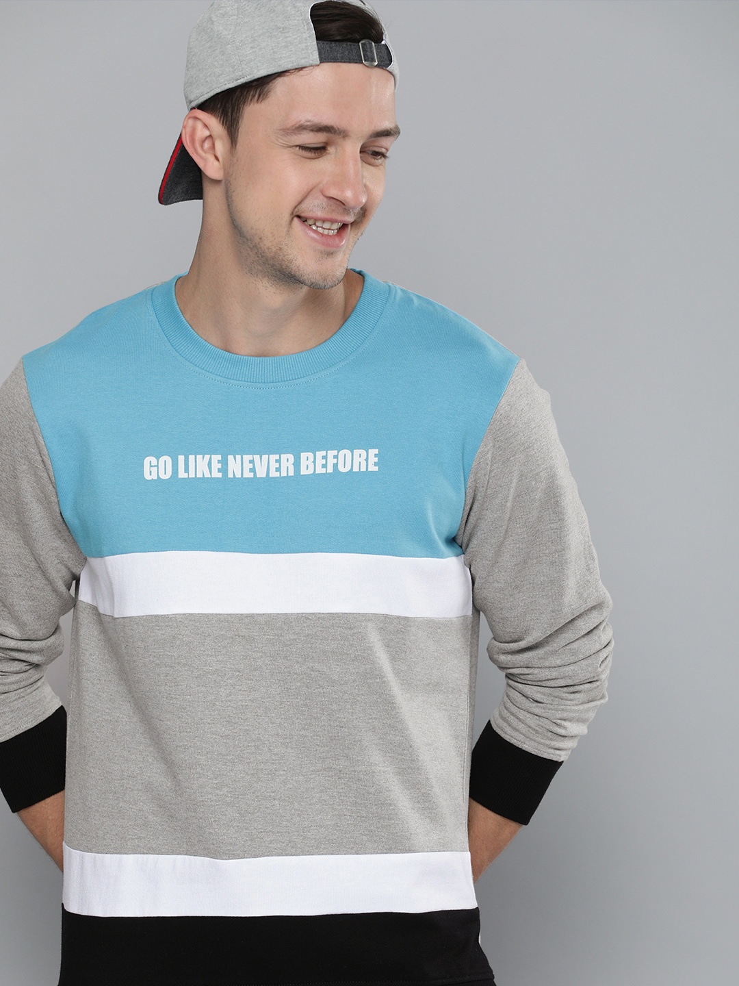

HERE&NOW Men Grey Melange Colourblocked Sweatshirt With Printed Detailing
