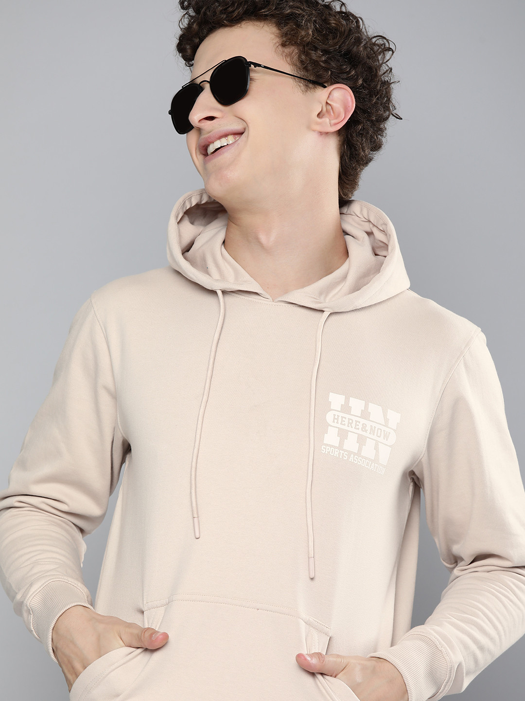 

HERE&NOW Men Beige Printed Hooded Sweatshirt