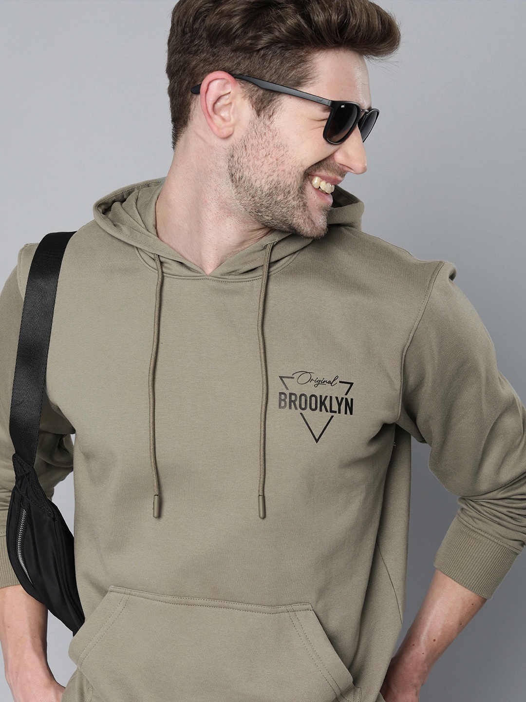 

HERE&NOW Men Khaki Printed Hooded Sweatshirt