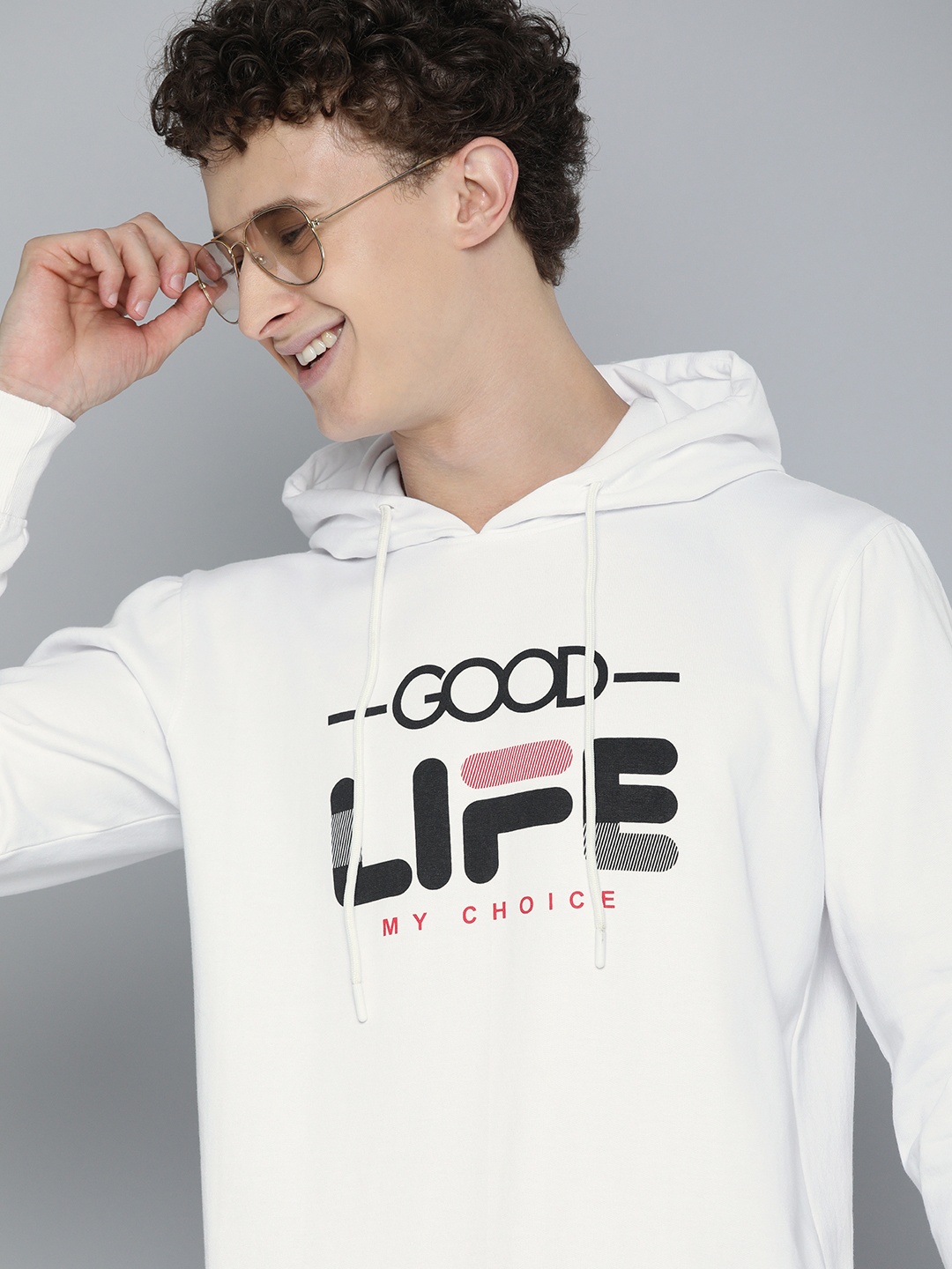 

HERE&NOW Men White Printed Hooded Sweatshirt