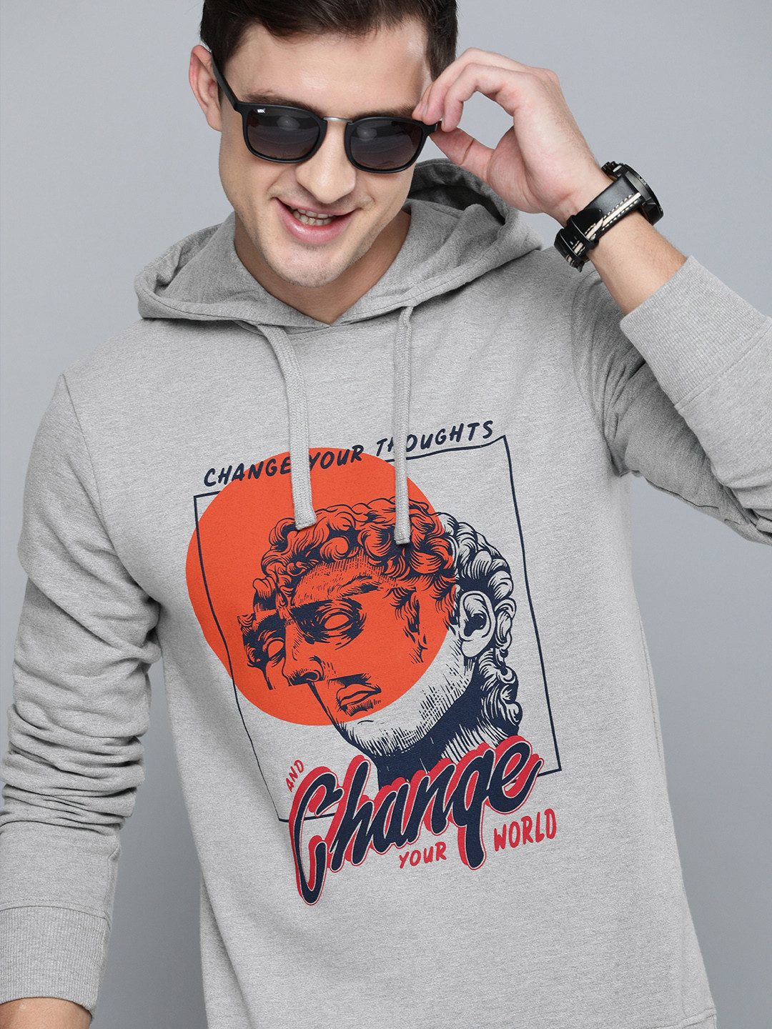 

HERE&NOW Men Grey Printed Hooded Sweatshirt