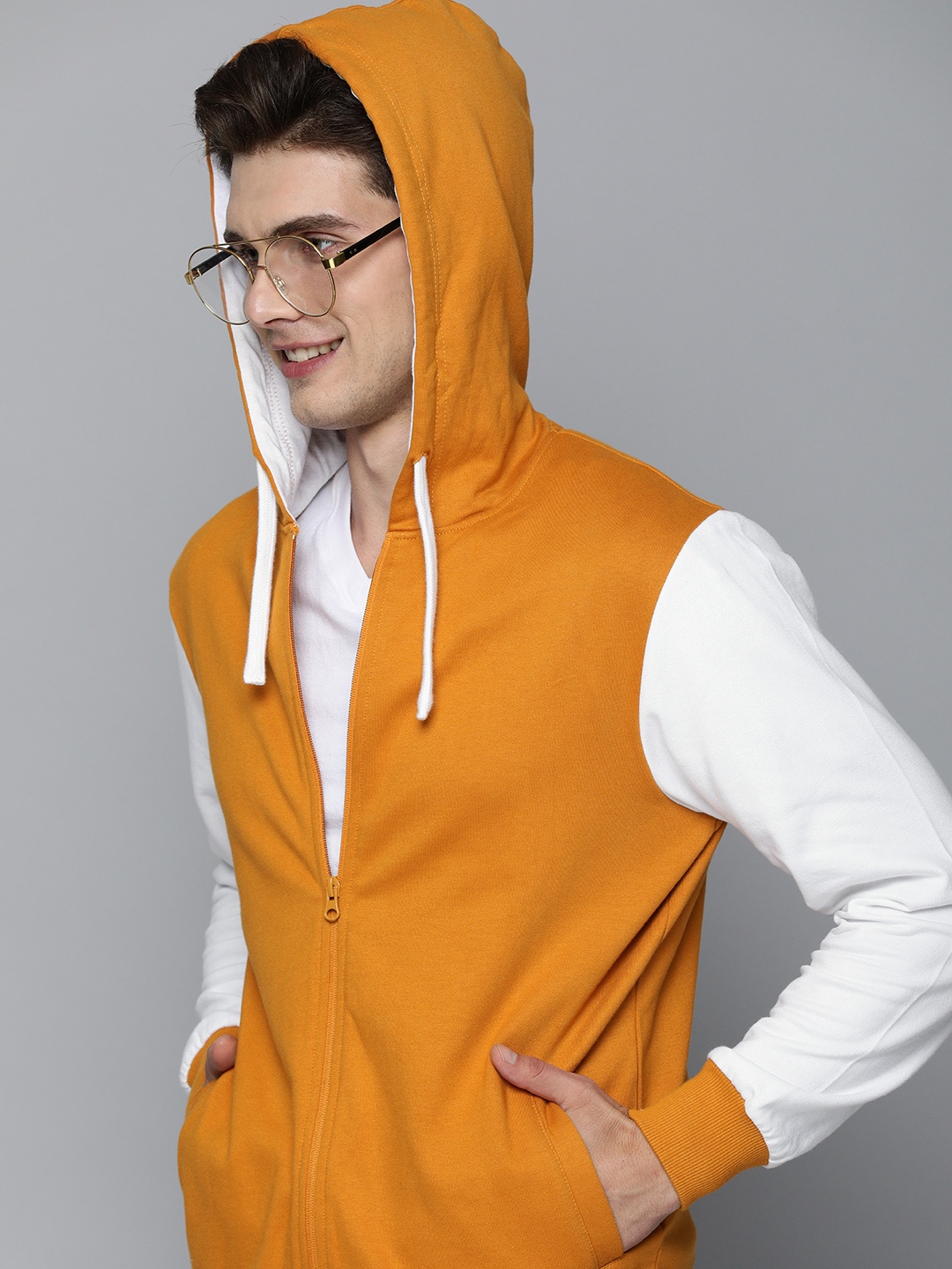 

HERE&NOW Men Mustard Yellow Contrast Sleeves Hooded Sweatshirt