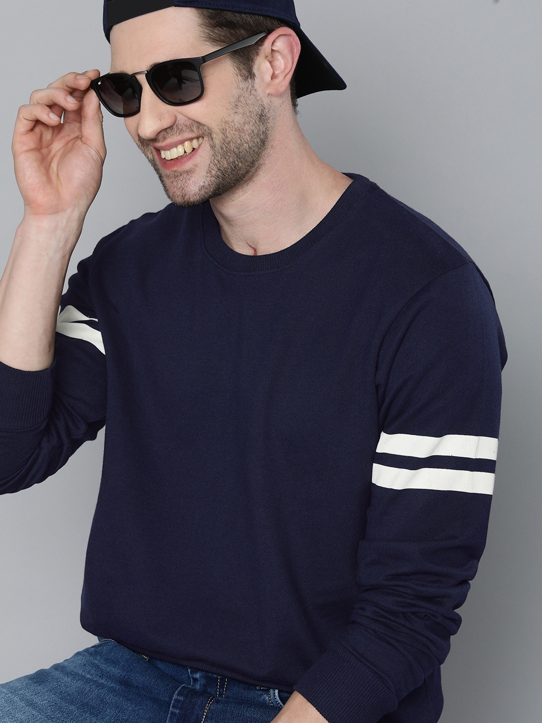 

HERE&NOW Men Navy Blue Sweatshirt with Striped Sleeves