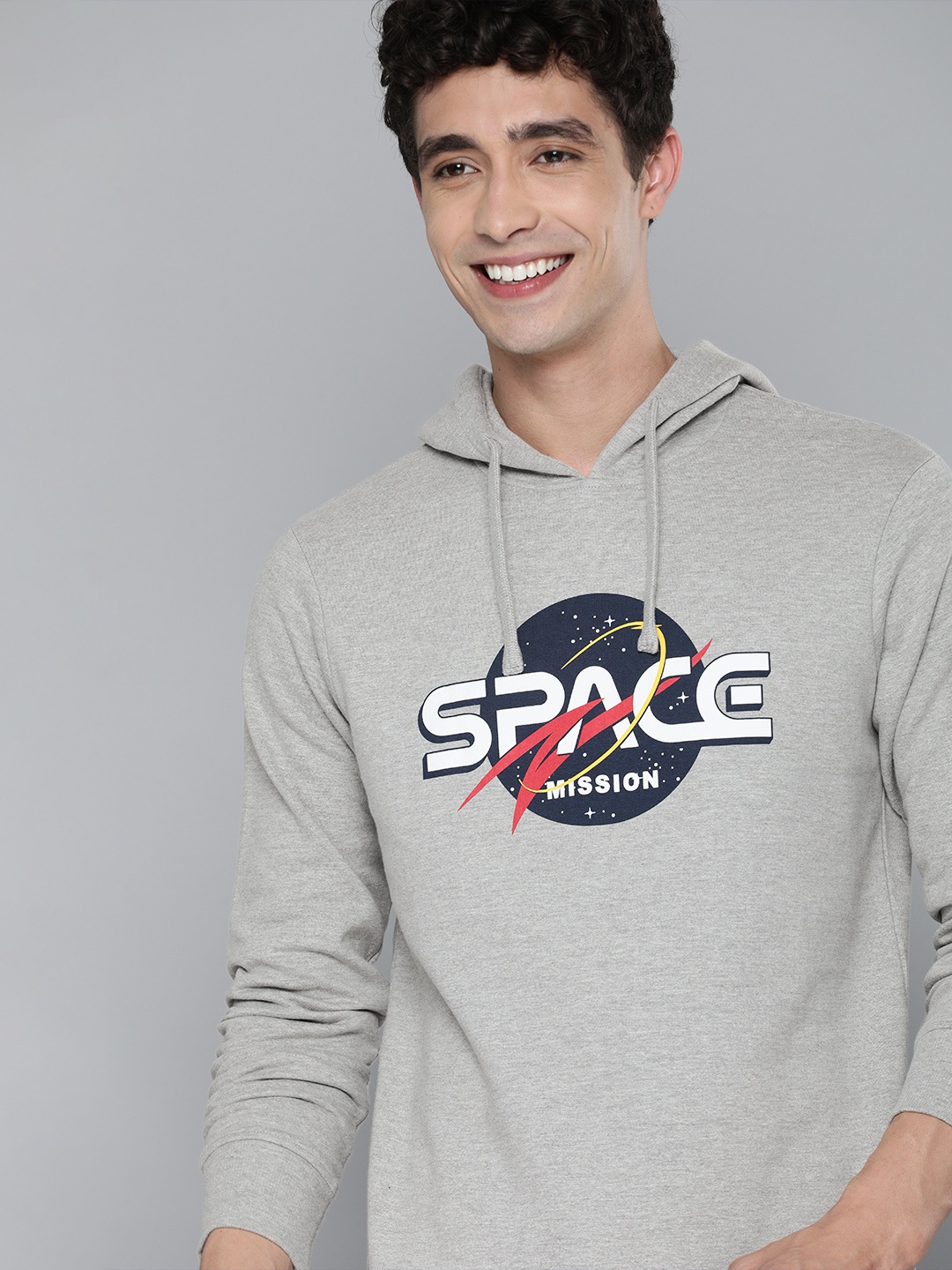 

HERE&NOW Men Grey & White Printed Hooded Sweatshirt