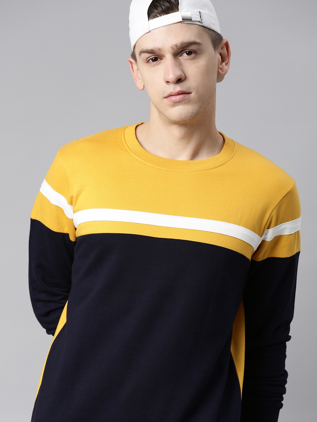 

HERE&NOW Men Navy Blue & Mustard Yellow Colourblocked Sweatshirt