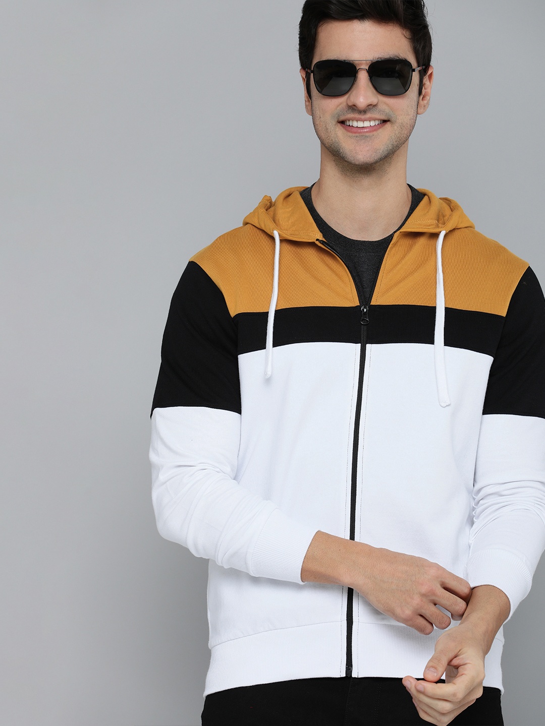 

HERE&NOW Men White Colourblocked Hooded Sweatshirt