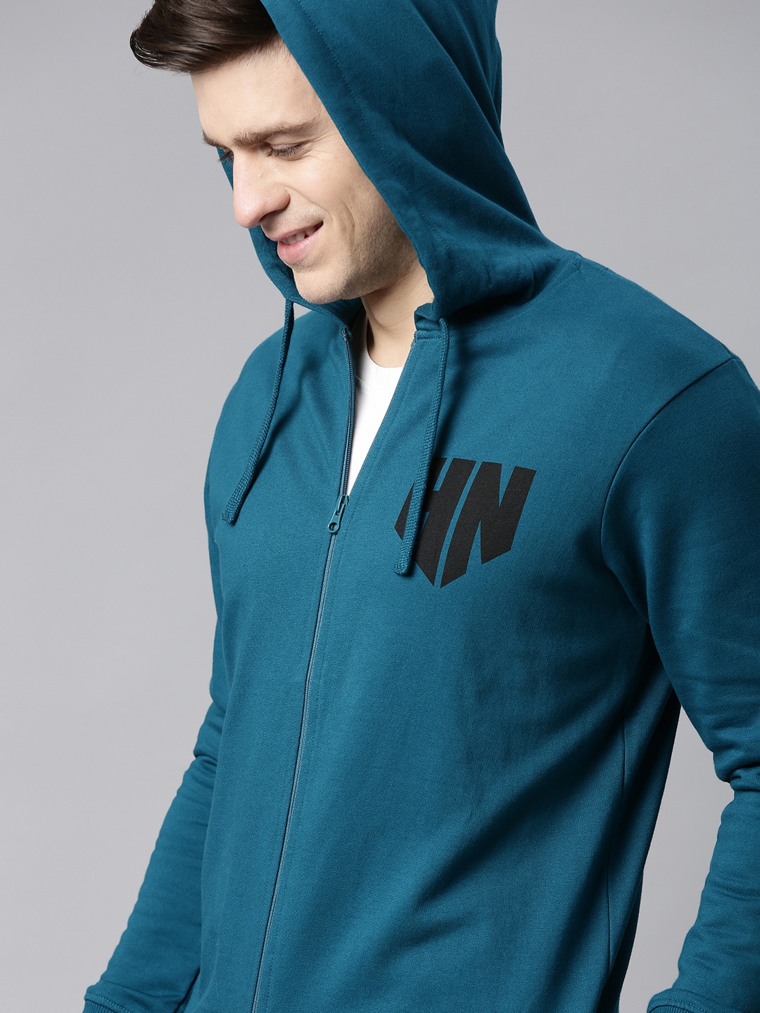 

HERE&NOW Men Teal Blue Hooded Front-Open Sweatshirt with Printed Detail