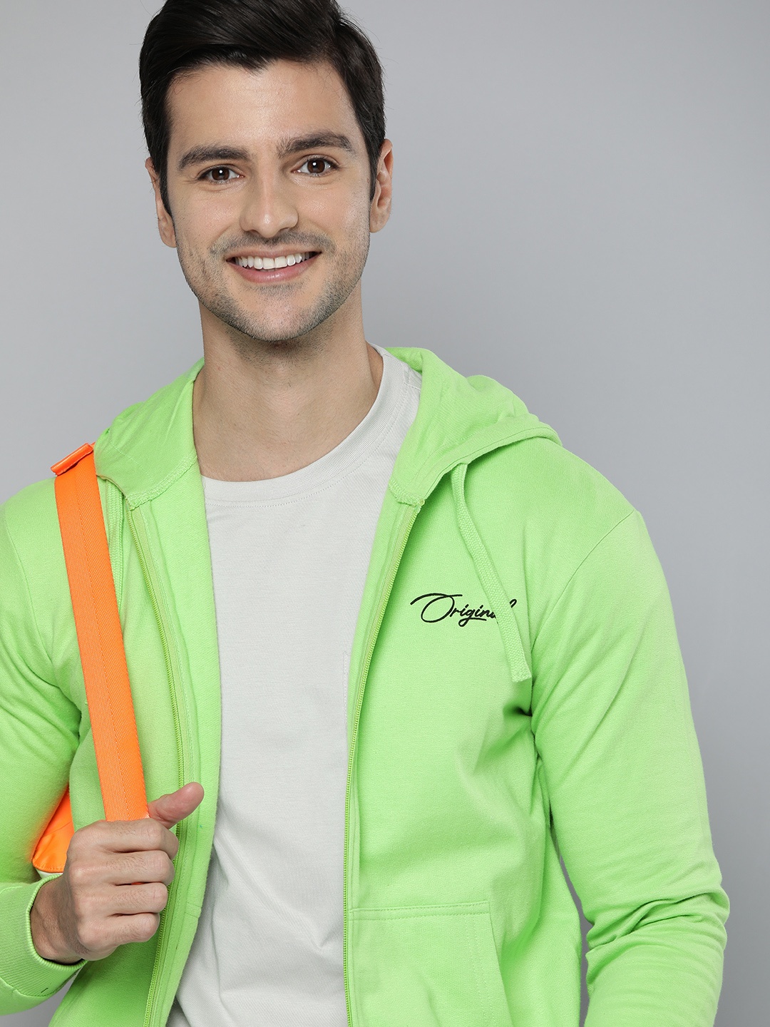 

HERE&NOW Men Lime Green Pure Cotton Hooded Sweatshirt