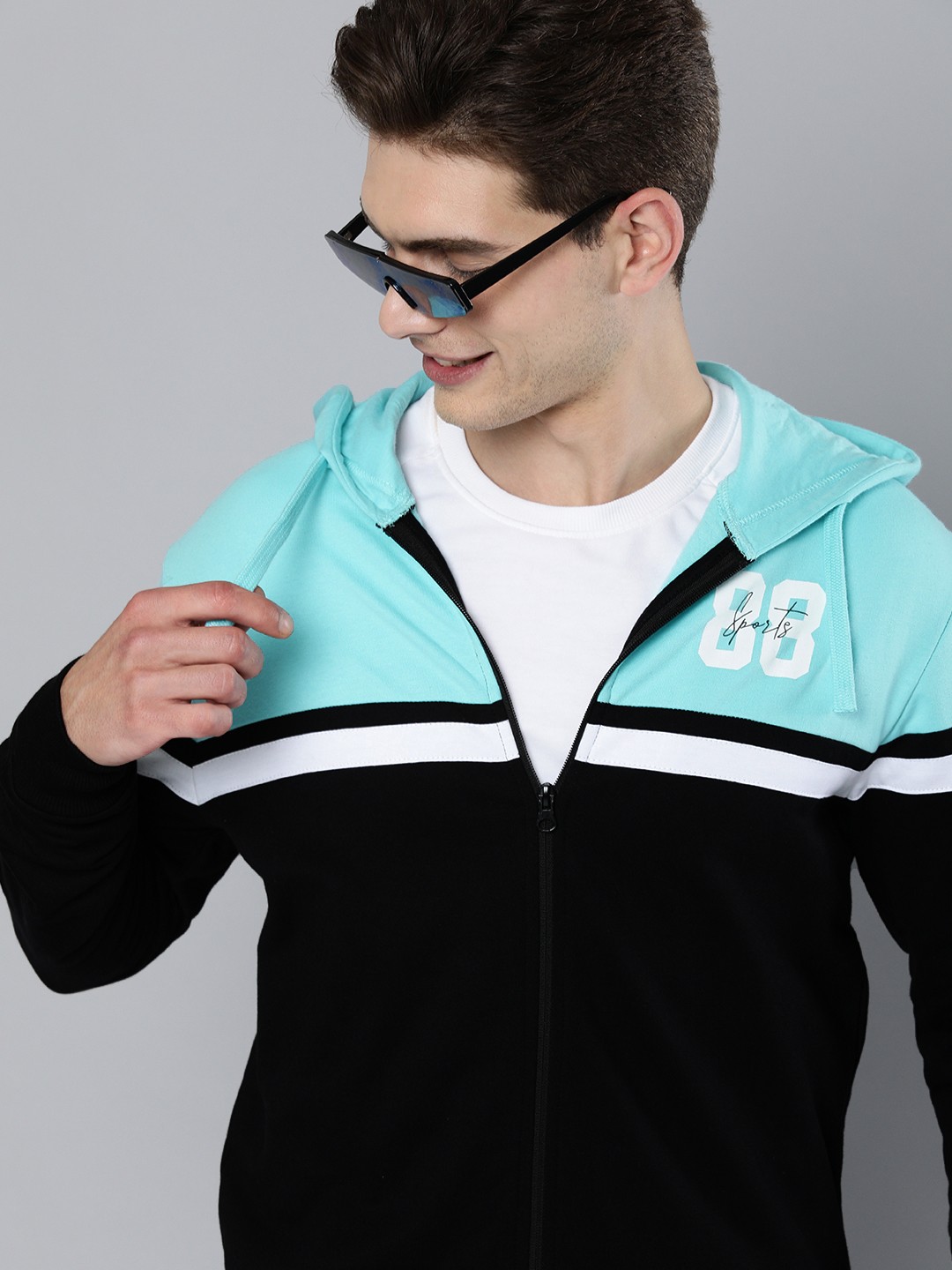 

HERE&NOW Men Black & Turquoise Blue Striped Hooded Pure Cotton Sweatshirt
