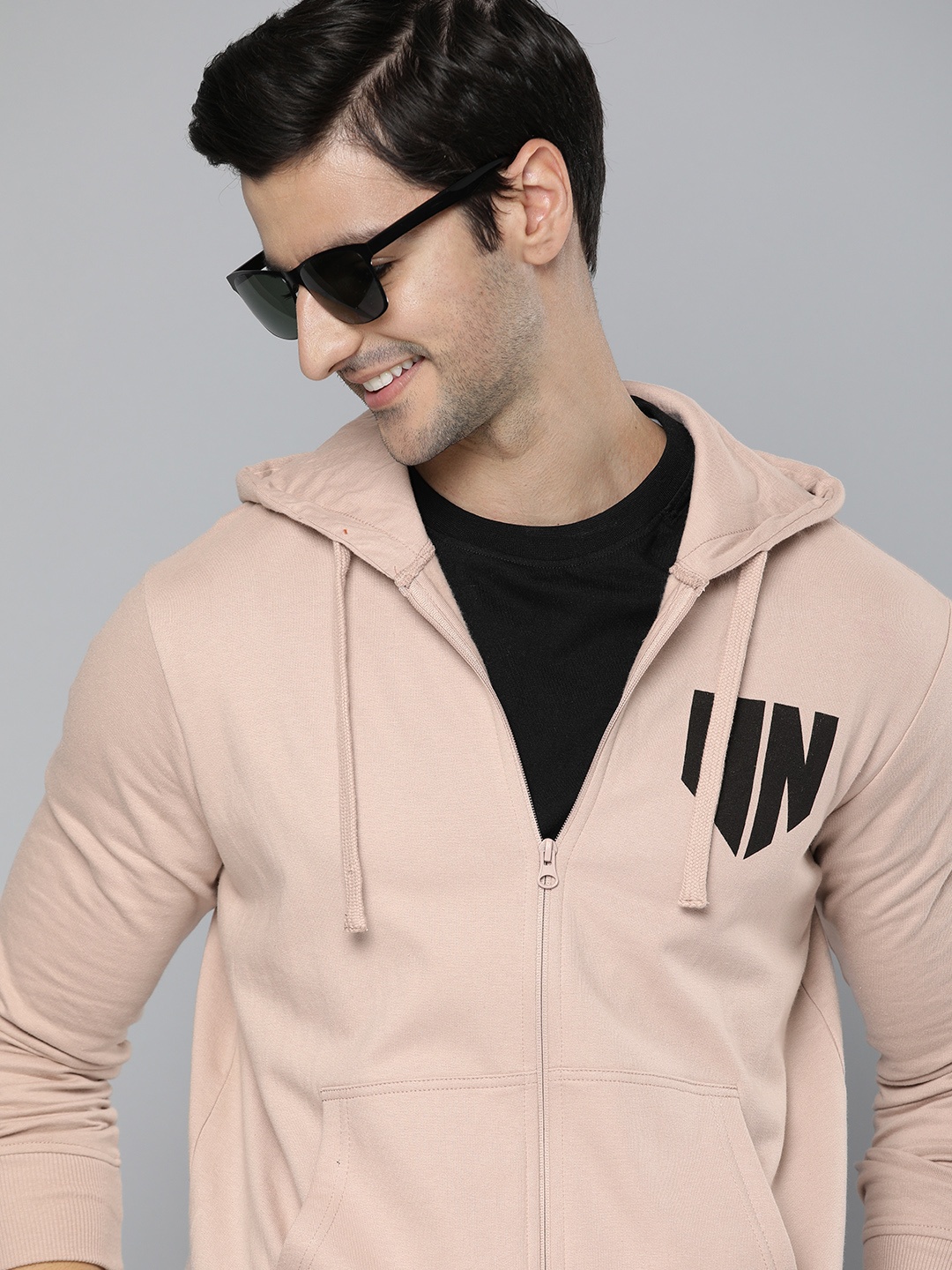 

HERE&NOW Men Peach-Coloured Pure Cotton Hooded Sweatshirt