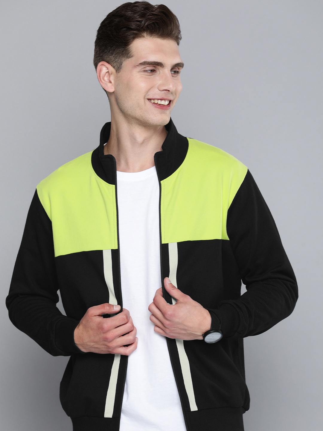 

HERE&NOW Men Black And Neon Green Colourblocked Front-Open Sweatshirt