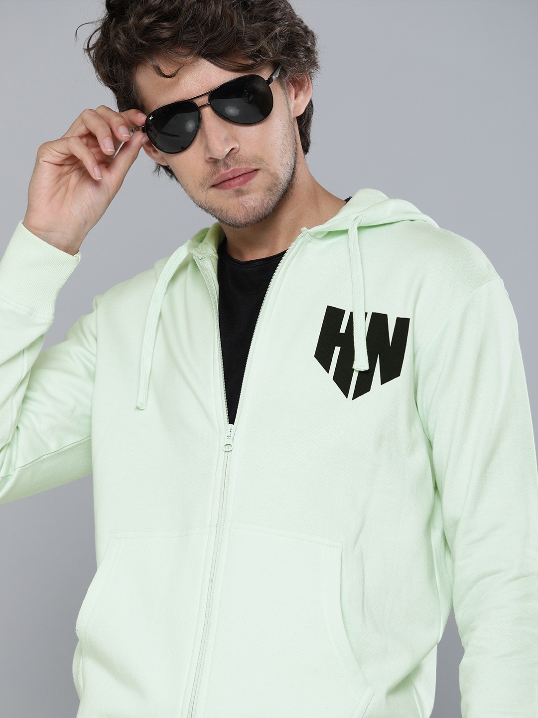 

HERE&NOW Men Green Printed Detailed Hooded Sweatshirt