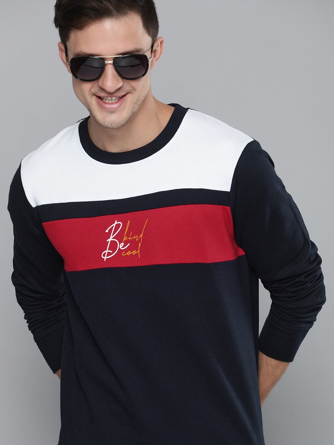 

HERE&NOW Men Navy Blue Colourblocked Sweatshirt Printed Detailing