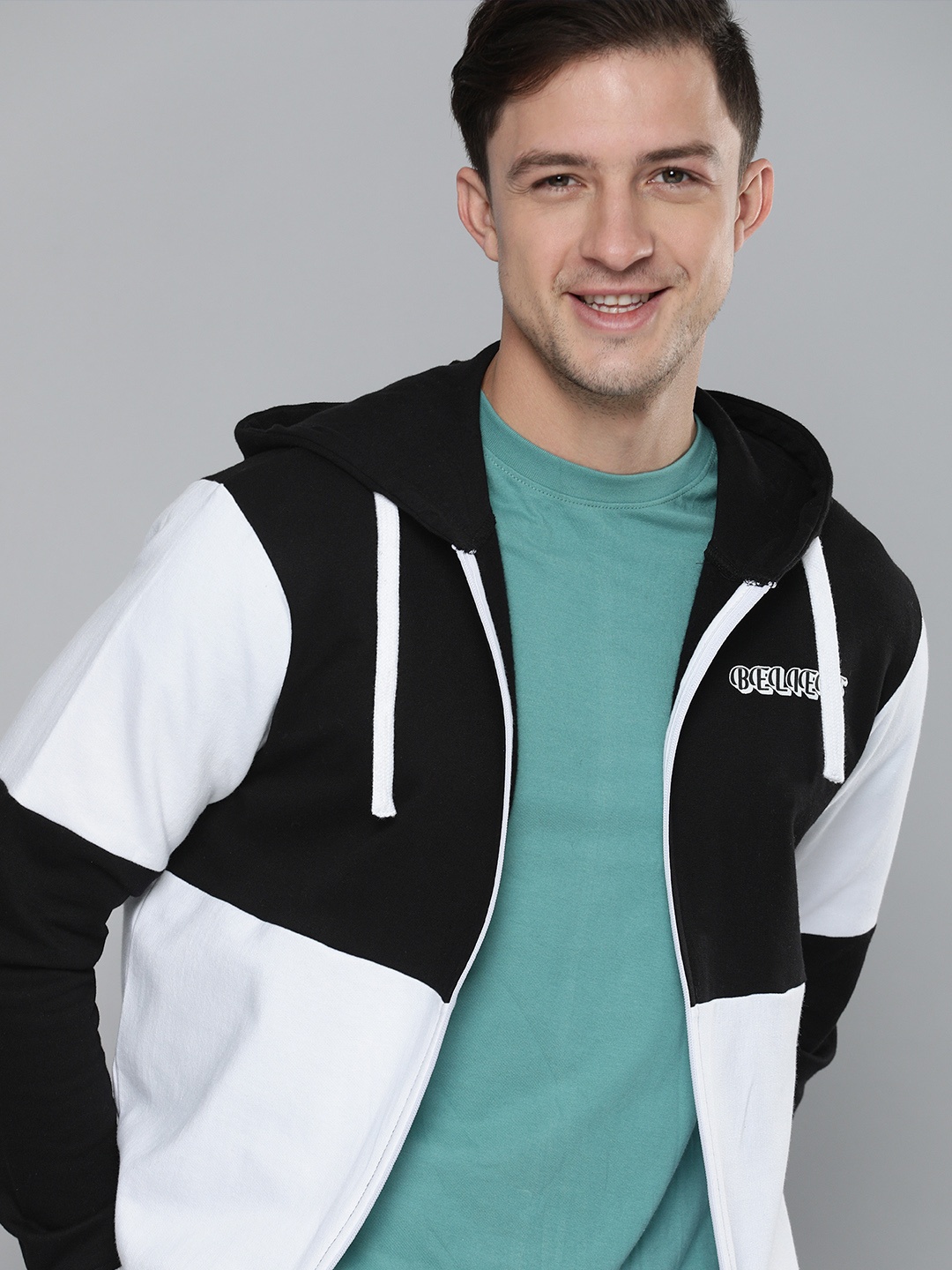 

HERE&NOW Men Black & White Colourblocked Hooded Sweatshirt