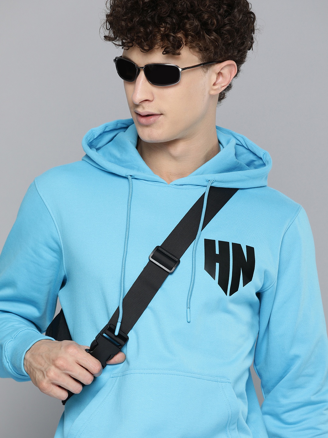 

HERE&NOW Men Turquoise Blue Printed Detail Hooded Pullover Sweatshirt