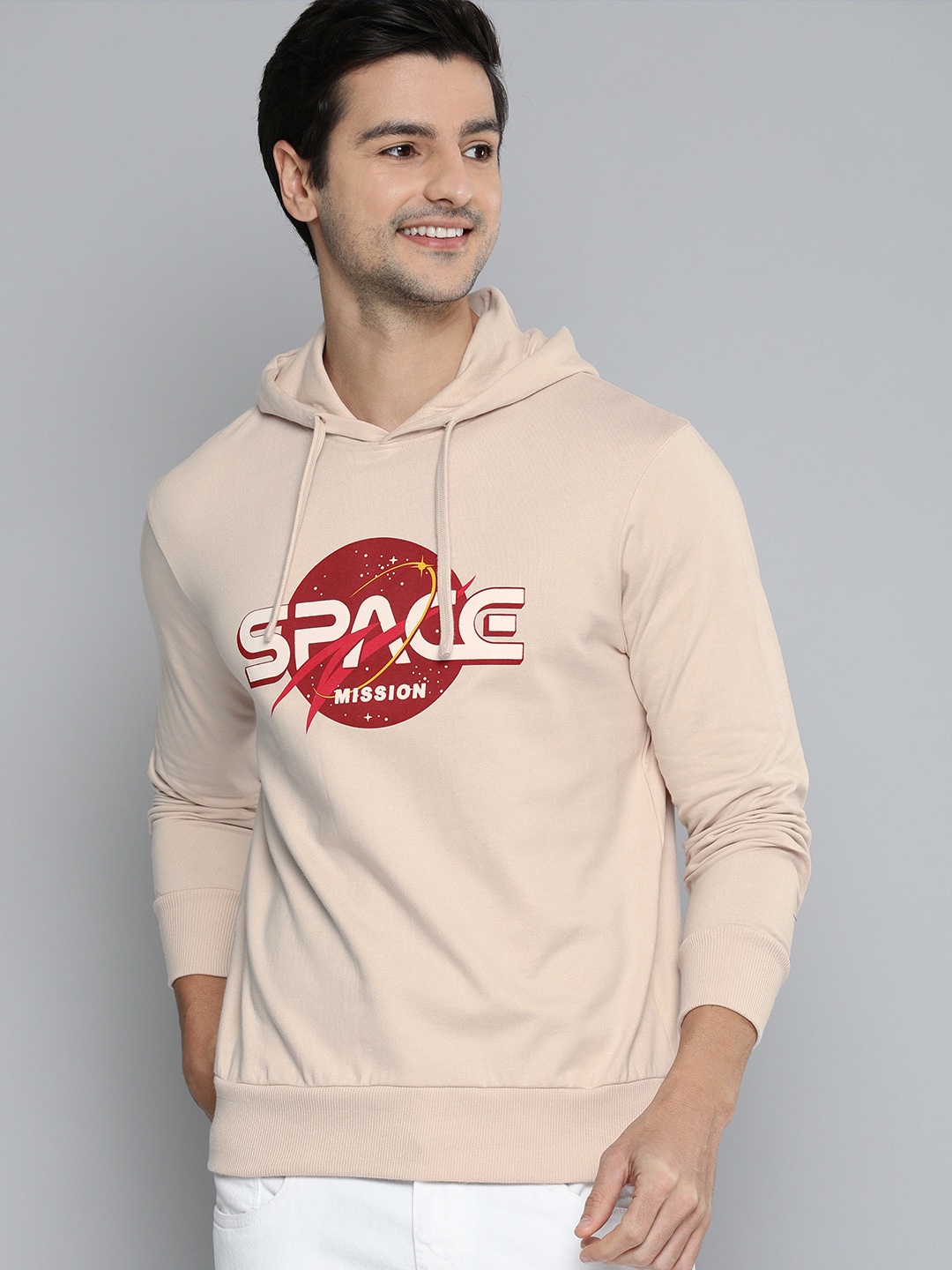

HERE&NOW Men Crystal Gray Graphical Printed Pure Cotton Hooded Sweatshirt, Pink