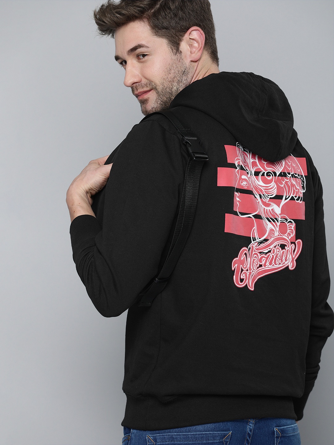 

HERE&NOW Men Black Printed Hooded Sweatshirt