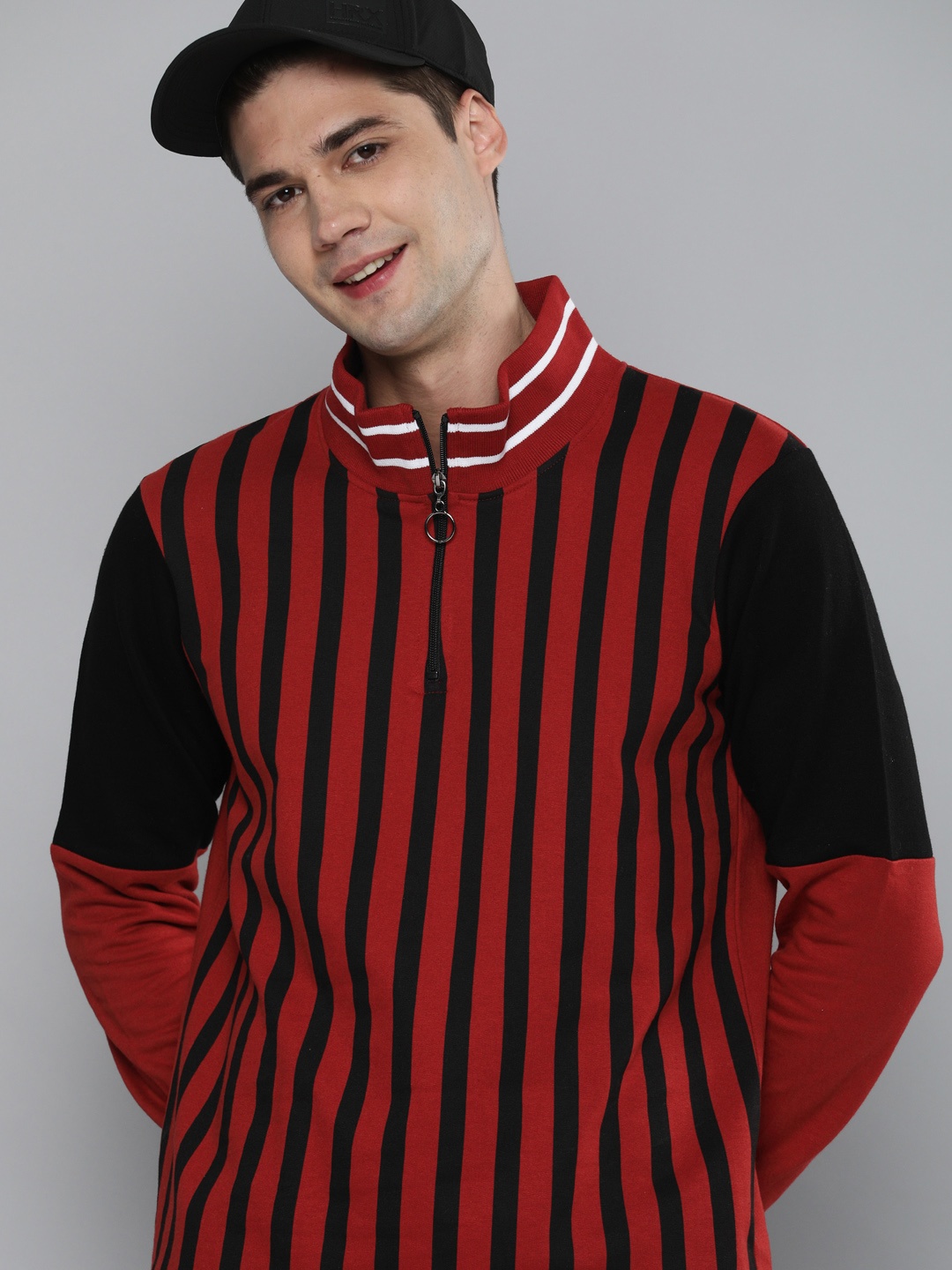 

HERE&NOW Men Rust Red & Black Striped Pullover Sweatshirt