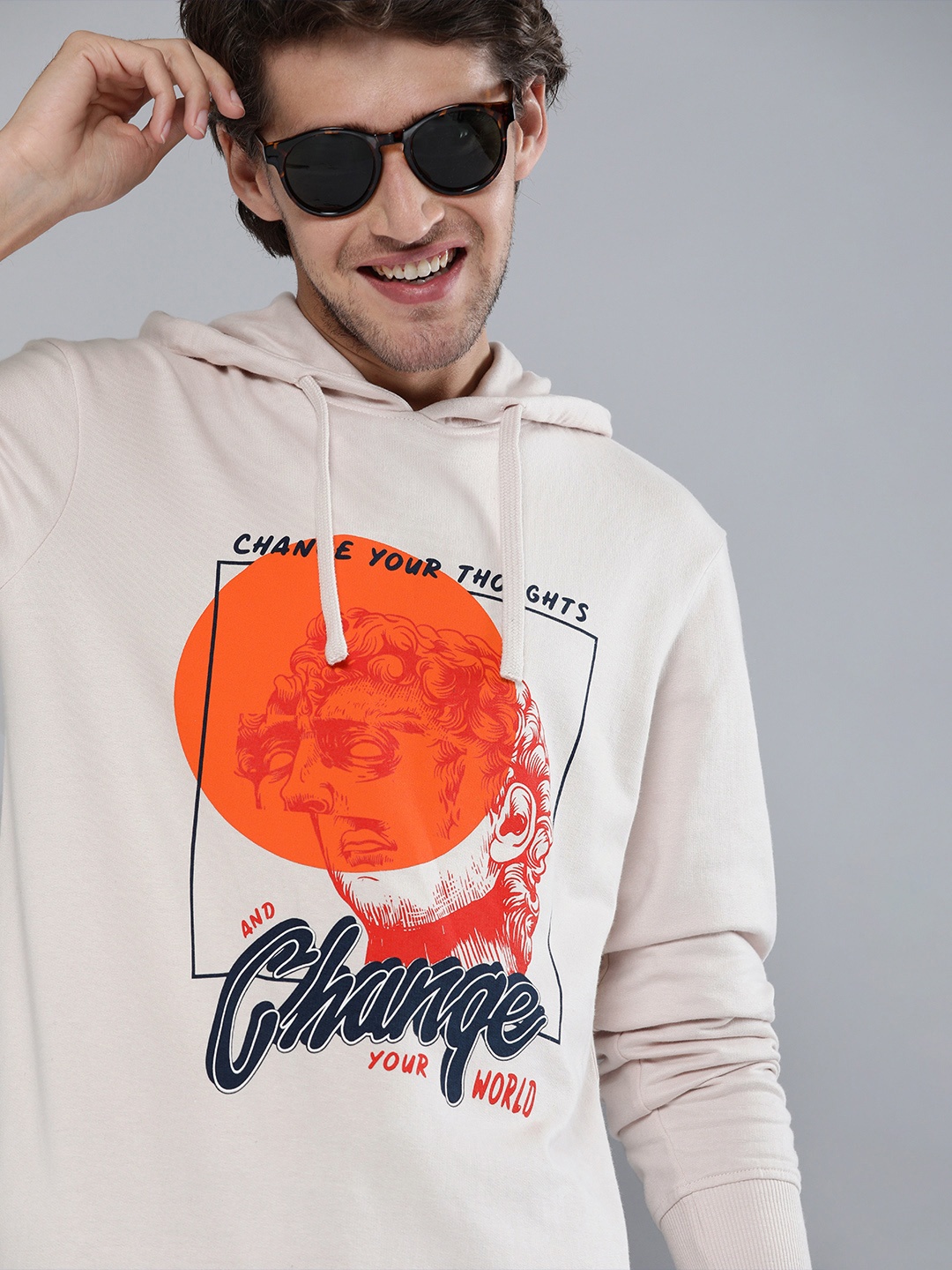 

HERE&NOW Men Beige Printed Hooded Sweatshirt