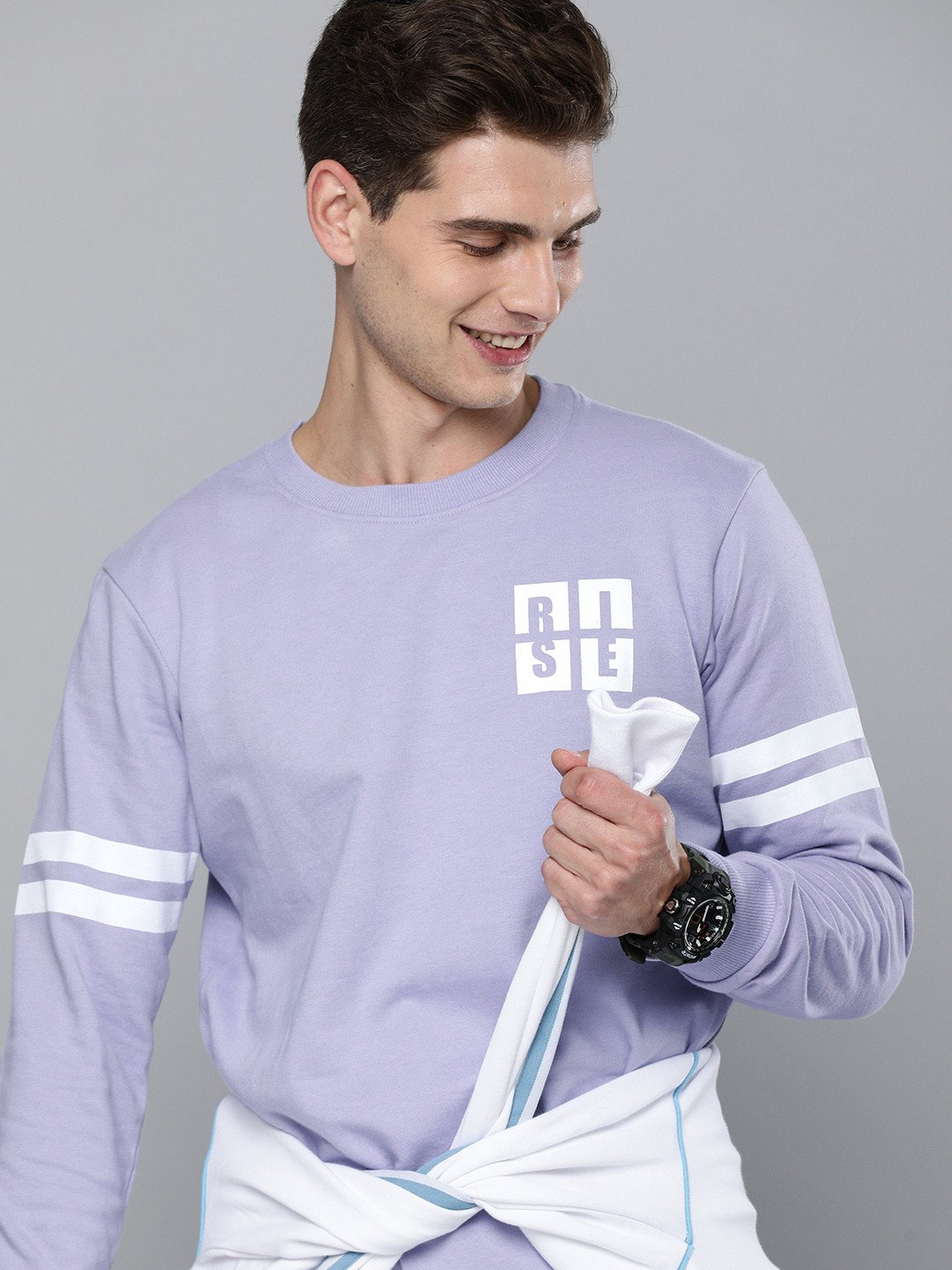

HERE&NOW Men Lavender Printed Pure Cotton Pullover Sweatshirt