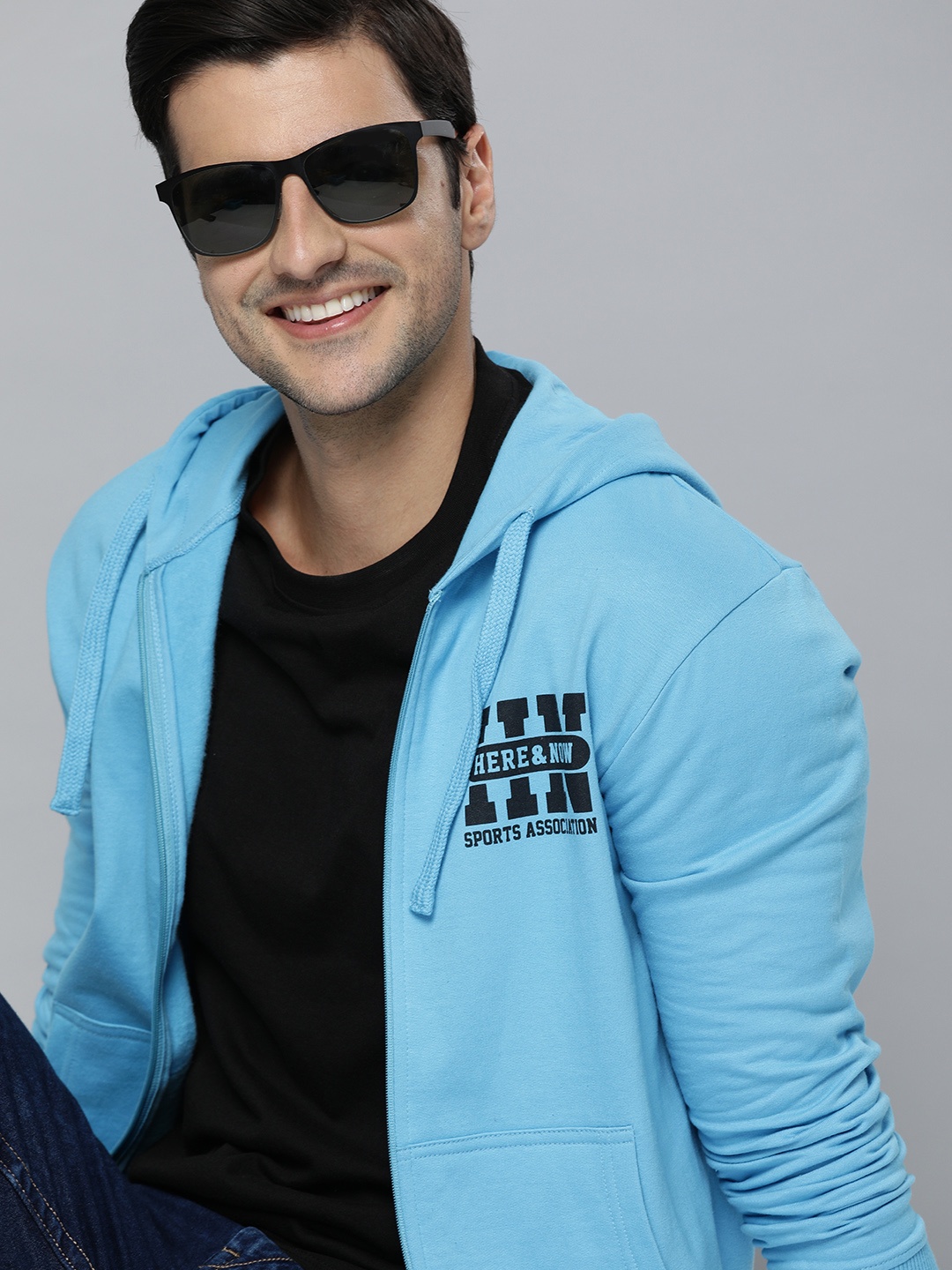

HERE&NOW Men Blue Pure Cotton Hooded Sweatshirt