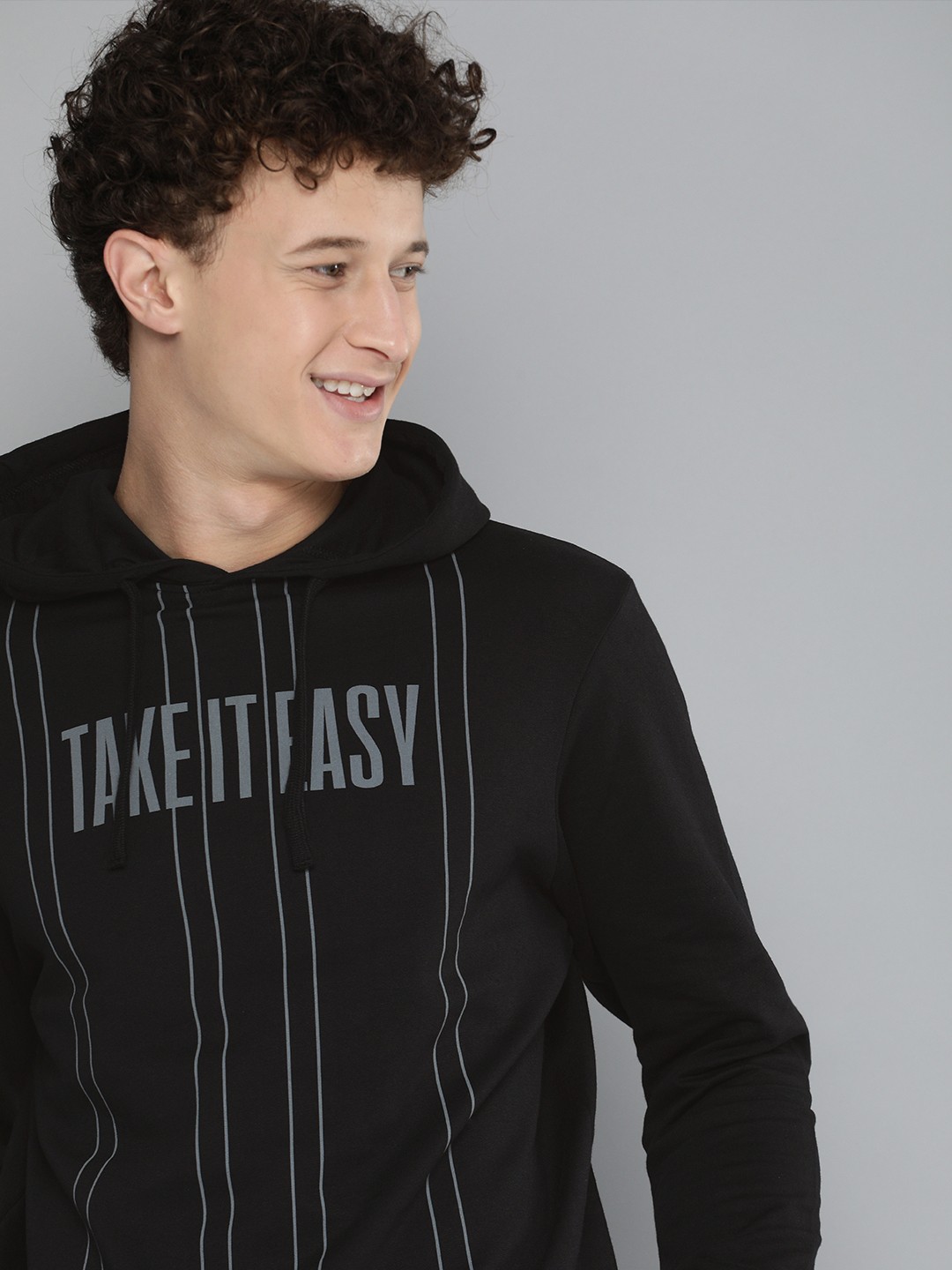 

HERE&NOW Men Black & Grey Printed Hooded Sweatshirt