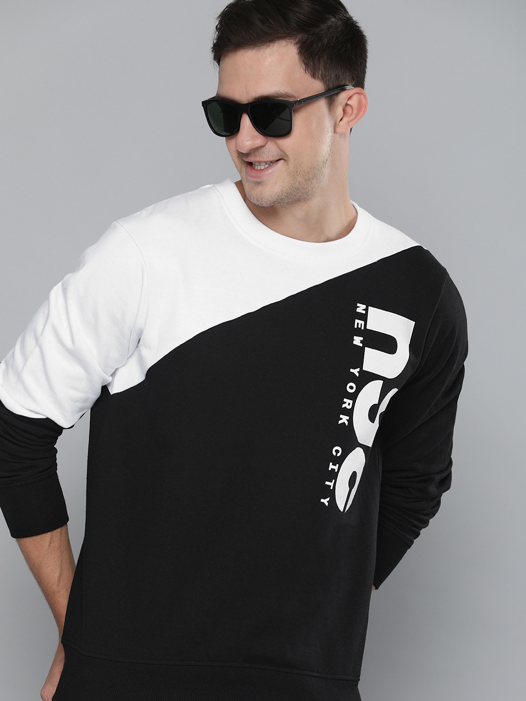

HERE&NOW Men Black Colourblocked Sweatshirt With Printed Detailing
