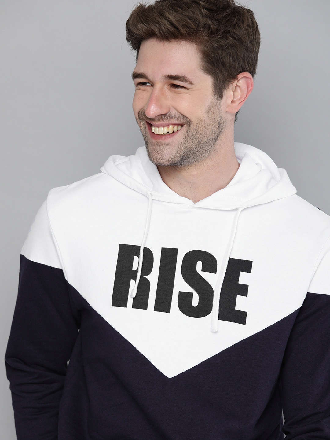

HERE&NOW Men Navy Blue & White Printed Hooded Sweatshirt