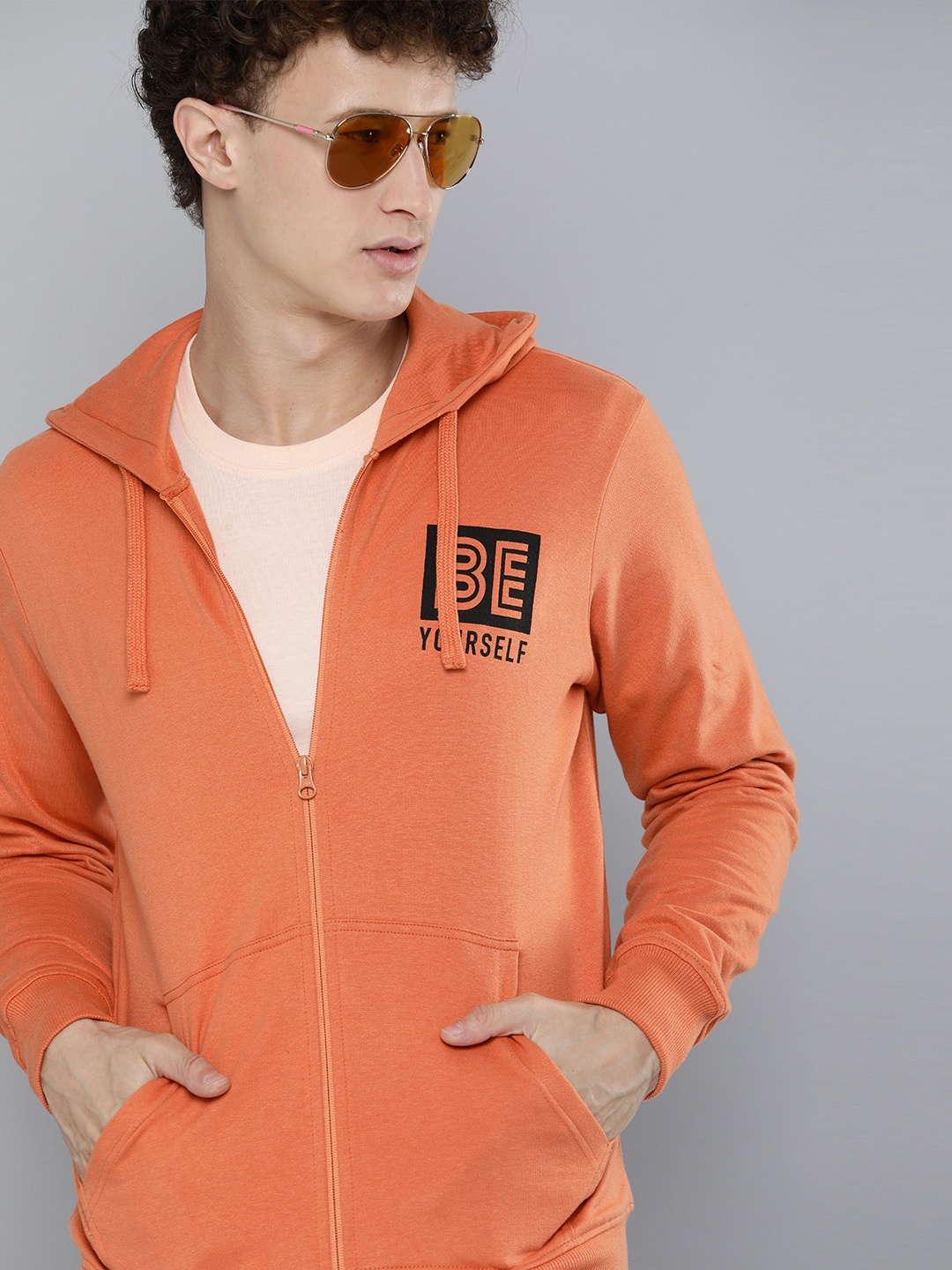 

HERE&NOW Men Orange Hooded Sweatshirt with Print Detail