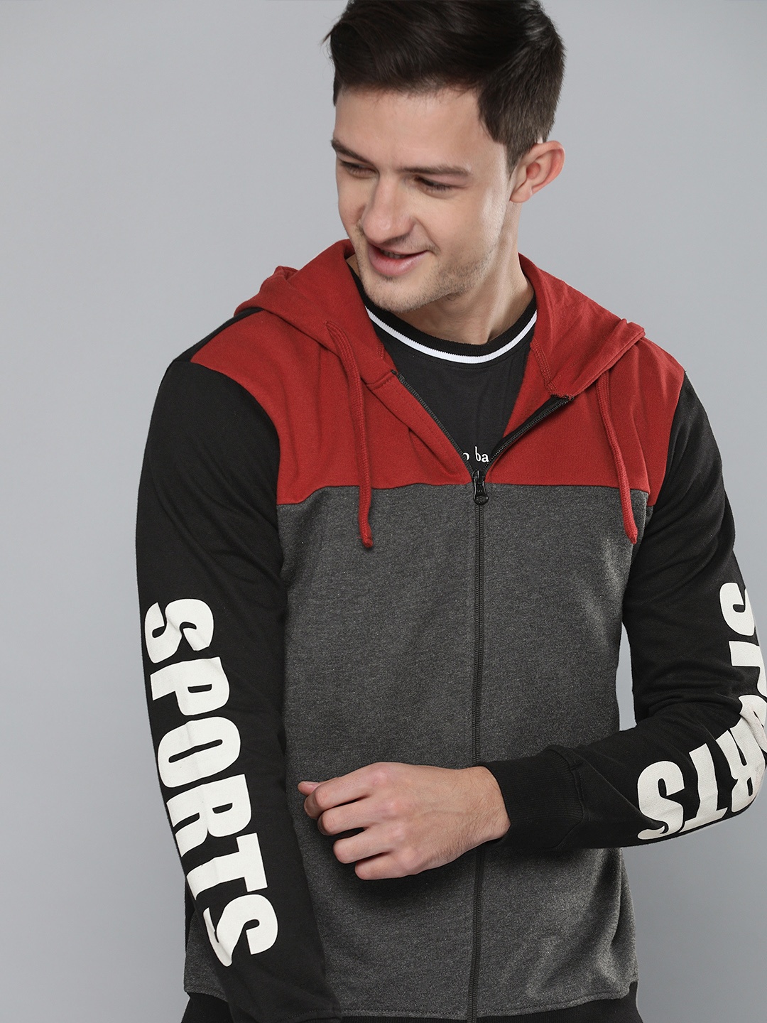 

HERE&NOW Men Grey Melange Colourblocked Hooded Sweatshirt