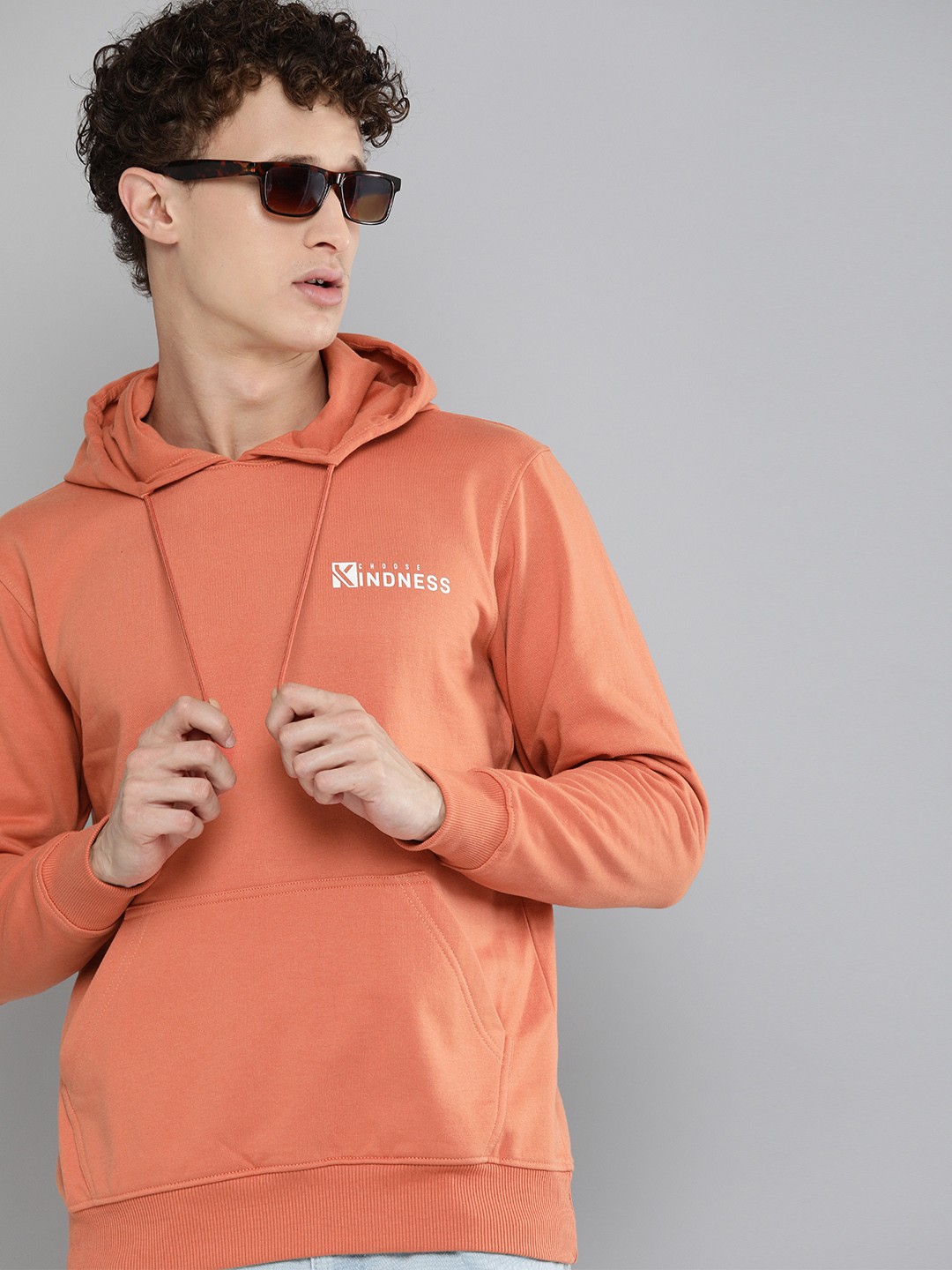 

HERE&NOW Men Orange & White Printed Hooded Sweatshirt
