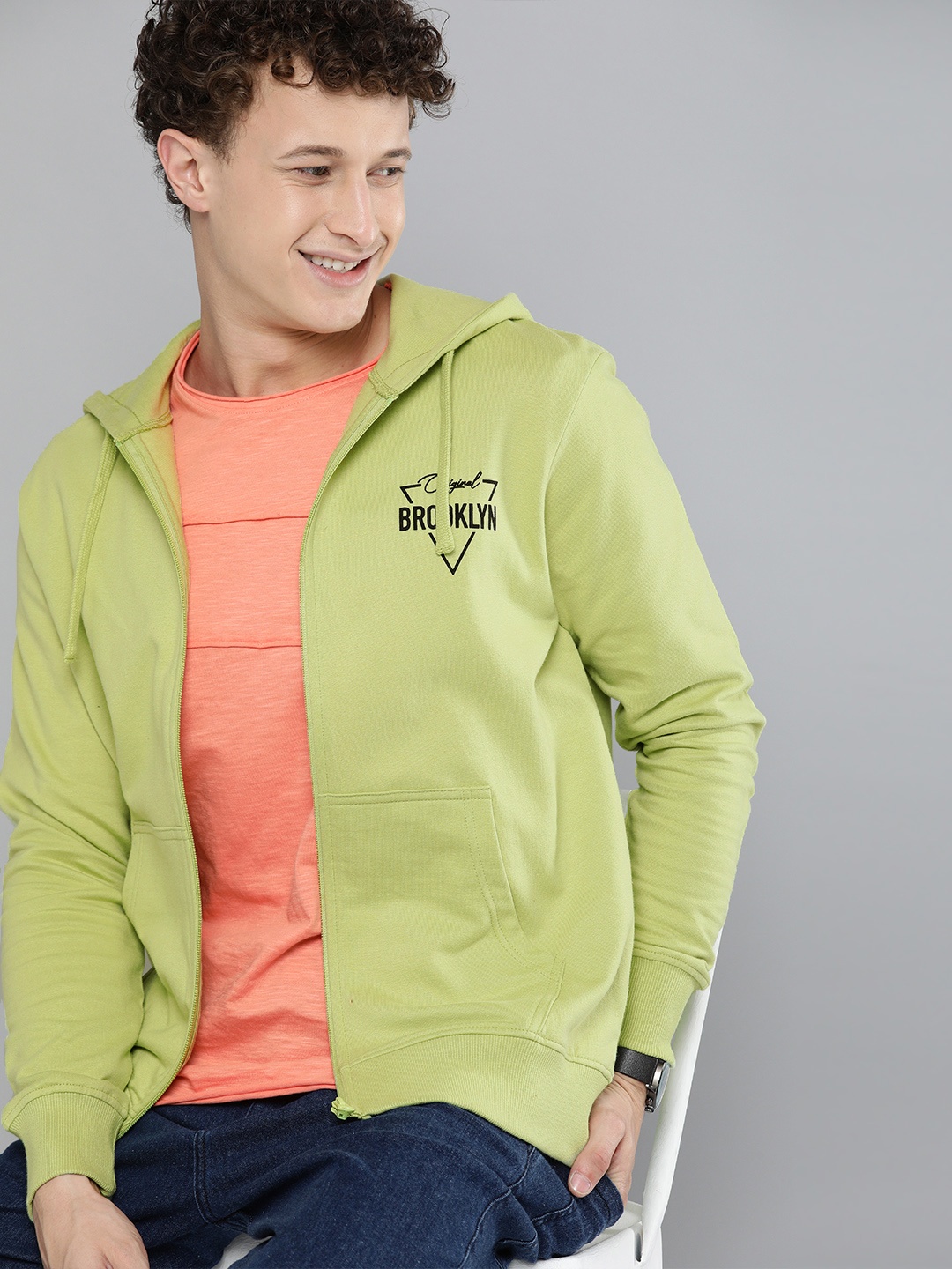

HERE&NOW Men Green Printed Detail Hooded Front-Open Sweatshirt