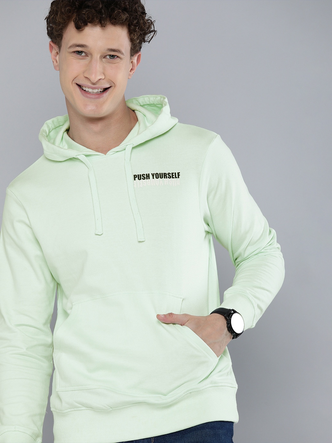 

HERE&NOW Men Green Printed Detailed Hooded Sweatshirt